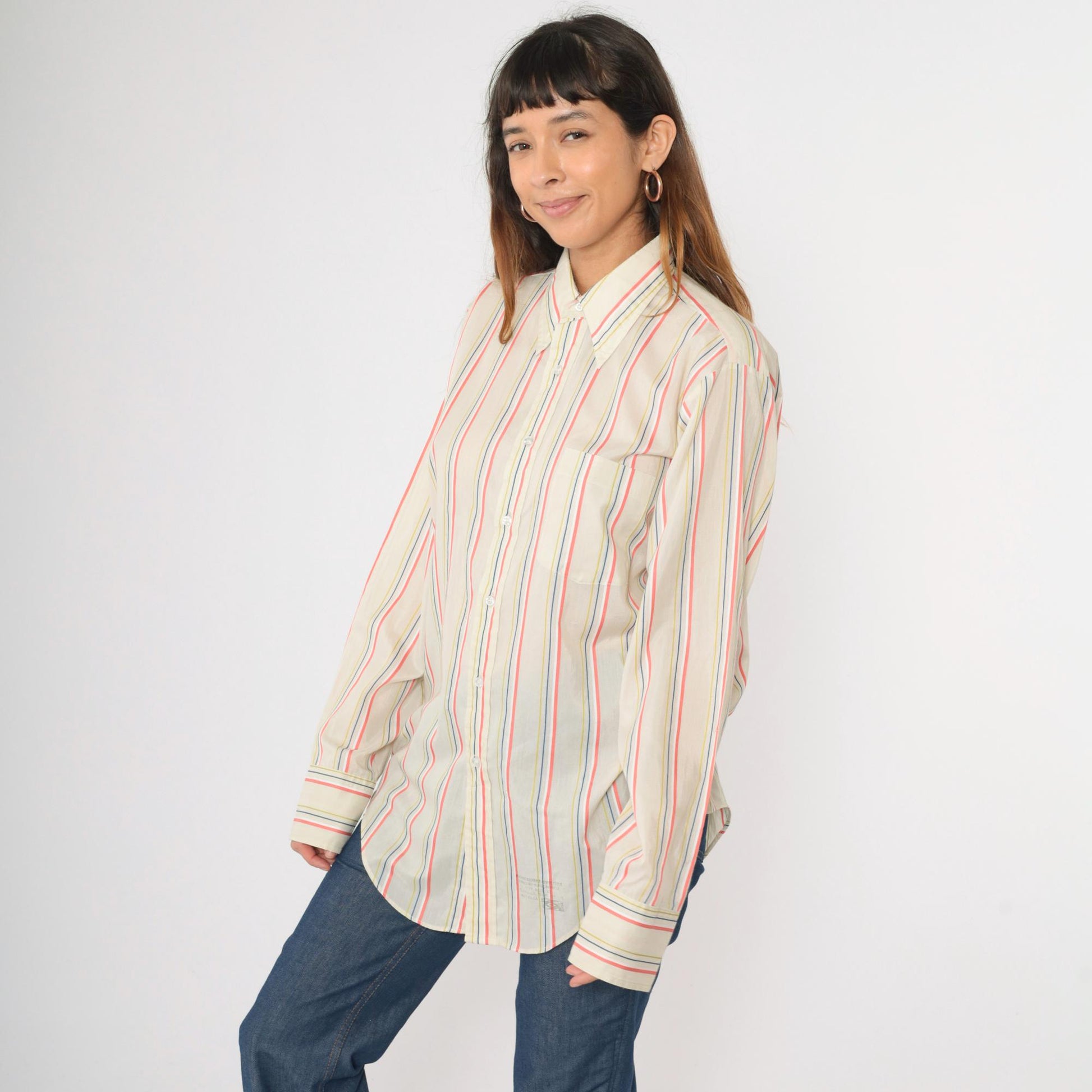70s Arrow Collar Striped Button-Up Shirt Pointed Collar Coral Yellow Blue Medium
