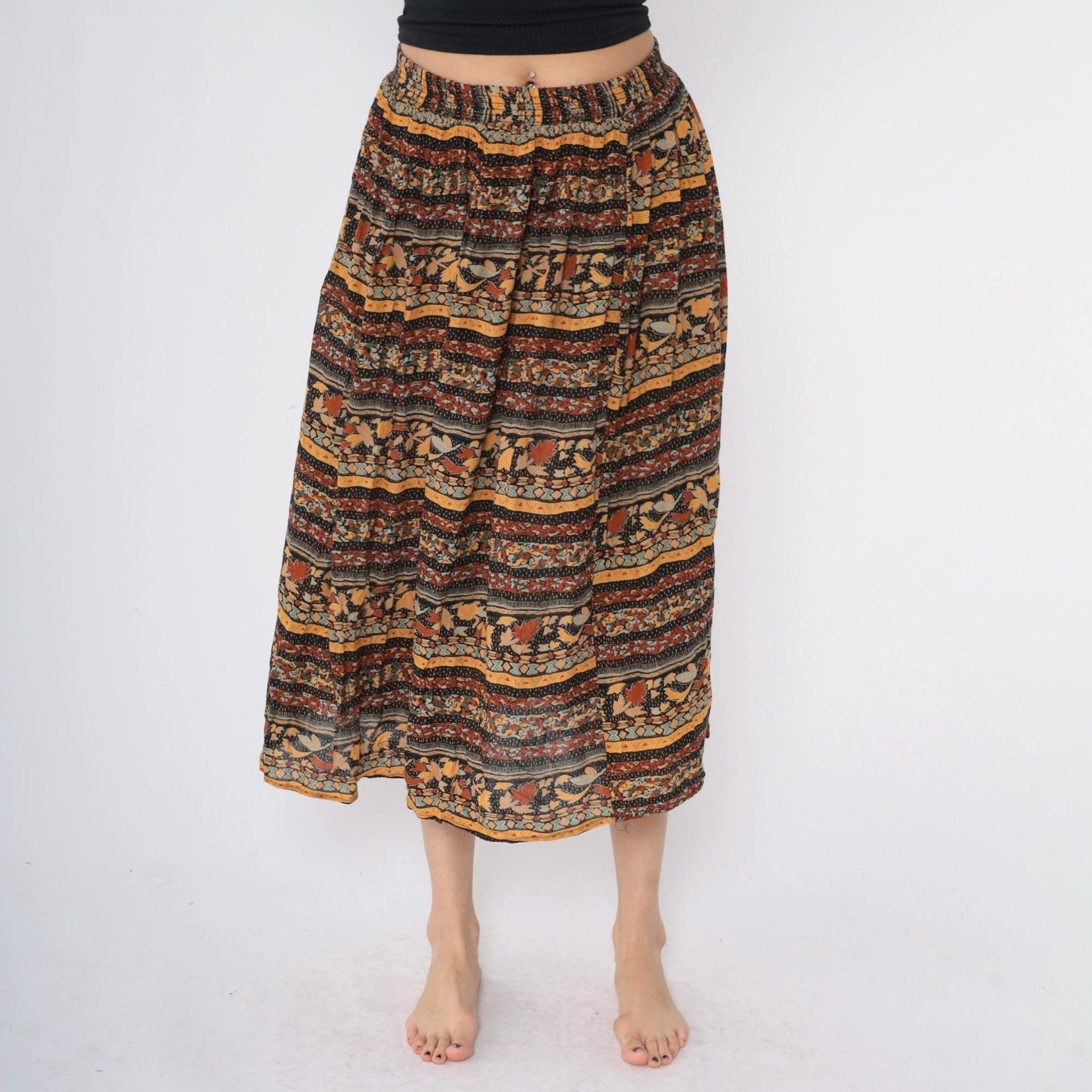 90s Michele Leslie Broomstick Midi Skirt Fall Leaf Print Mustard Orange Medium
