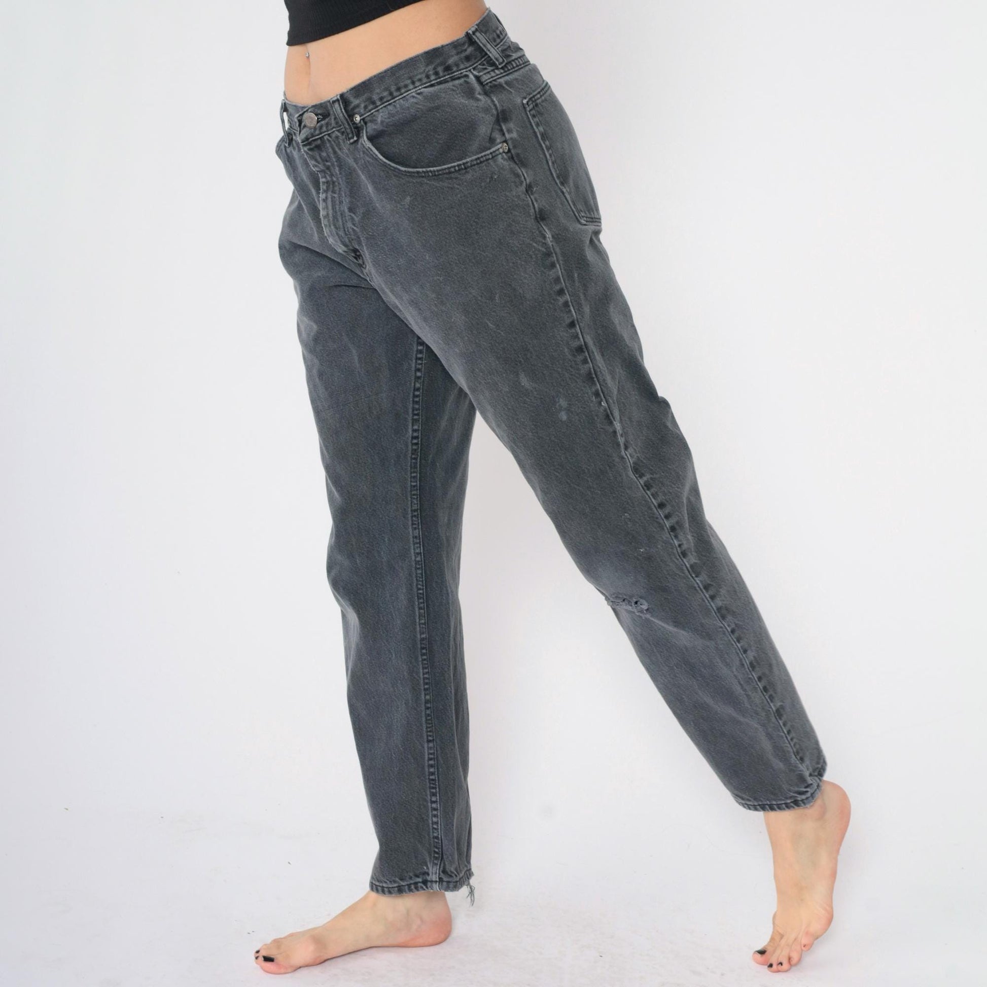 90s Wrangler Faded Black Straight Leg Jeans Knee Rip High Rise 32x30 Men's