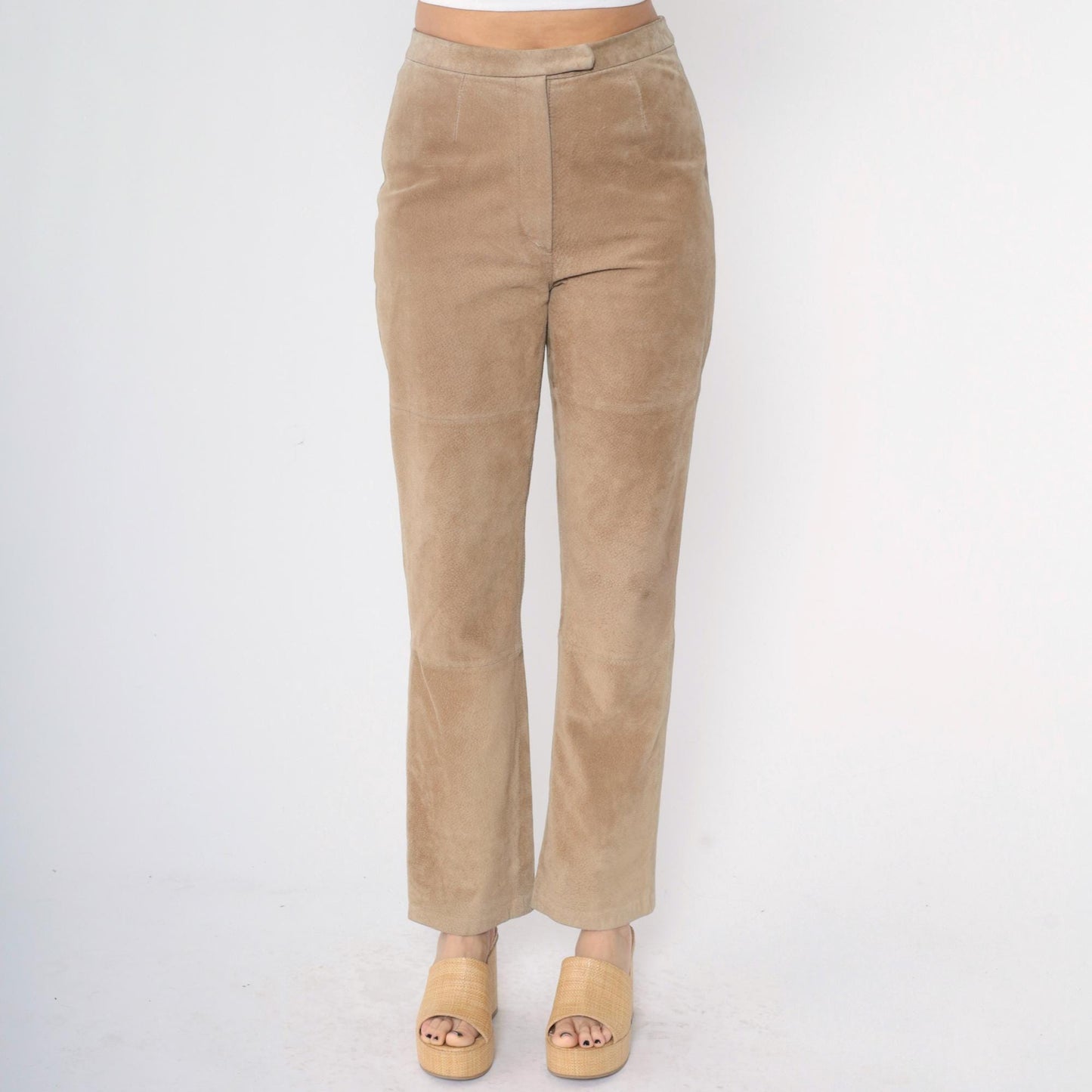 Y2K Tan Suede Leather Pants Straight Leg High Waist Modern Images Medium M