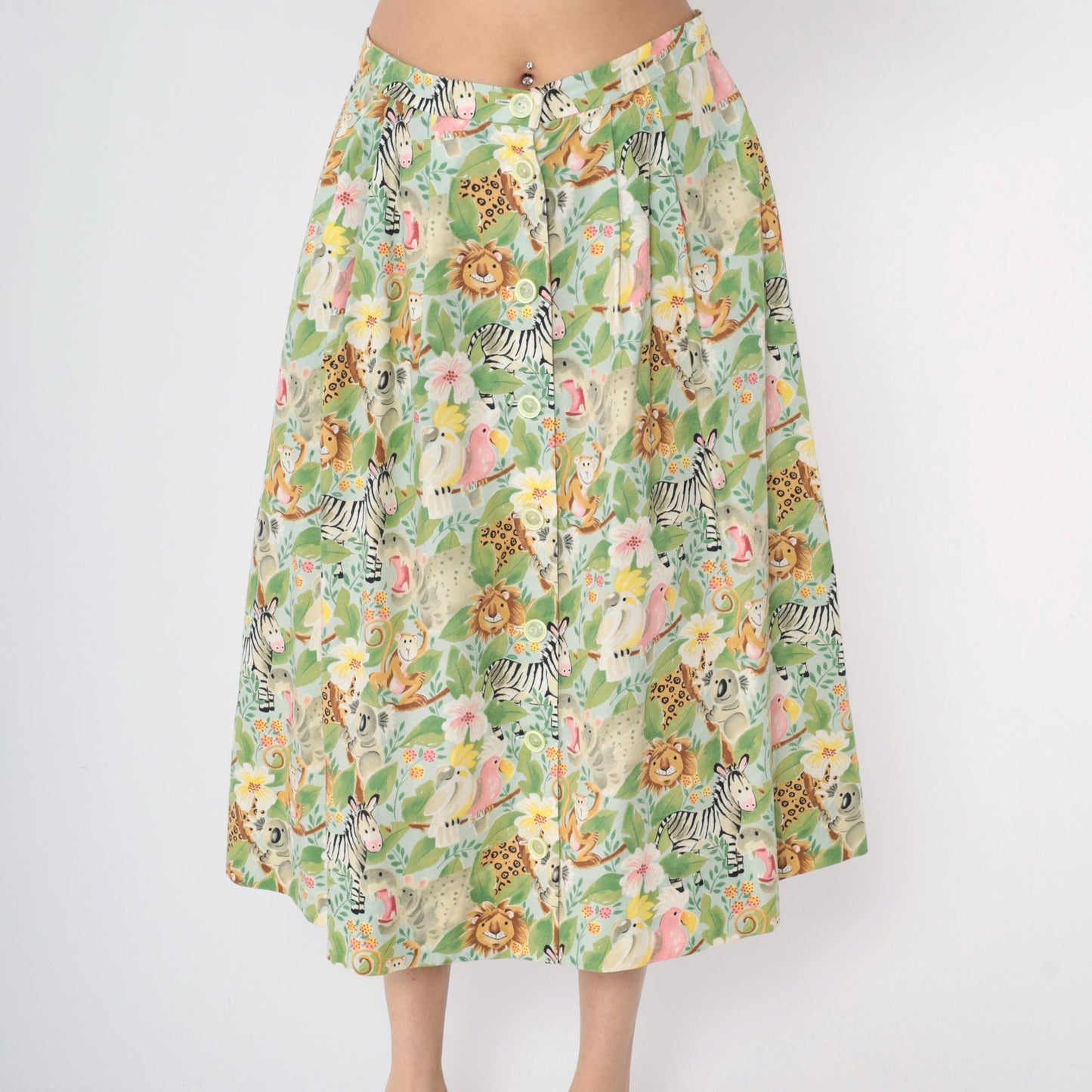 90s Safari Animal Print Midi Skirt Button Front Green Floral Medium