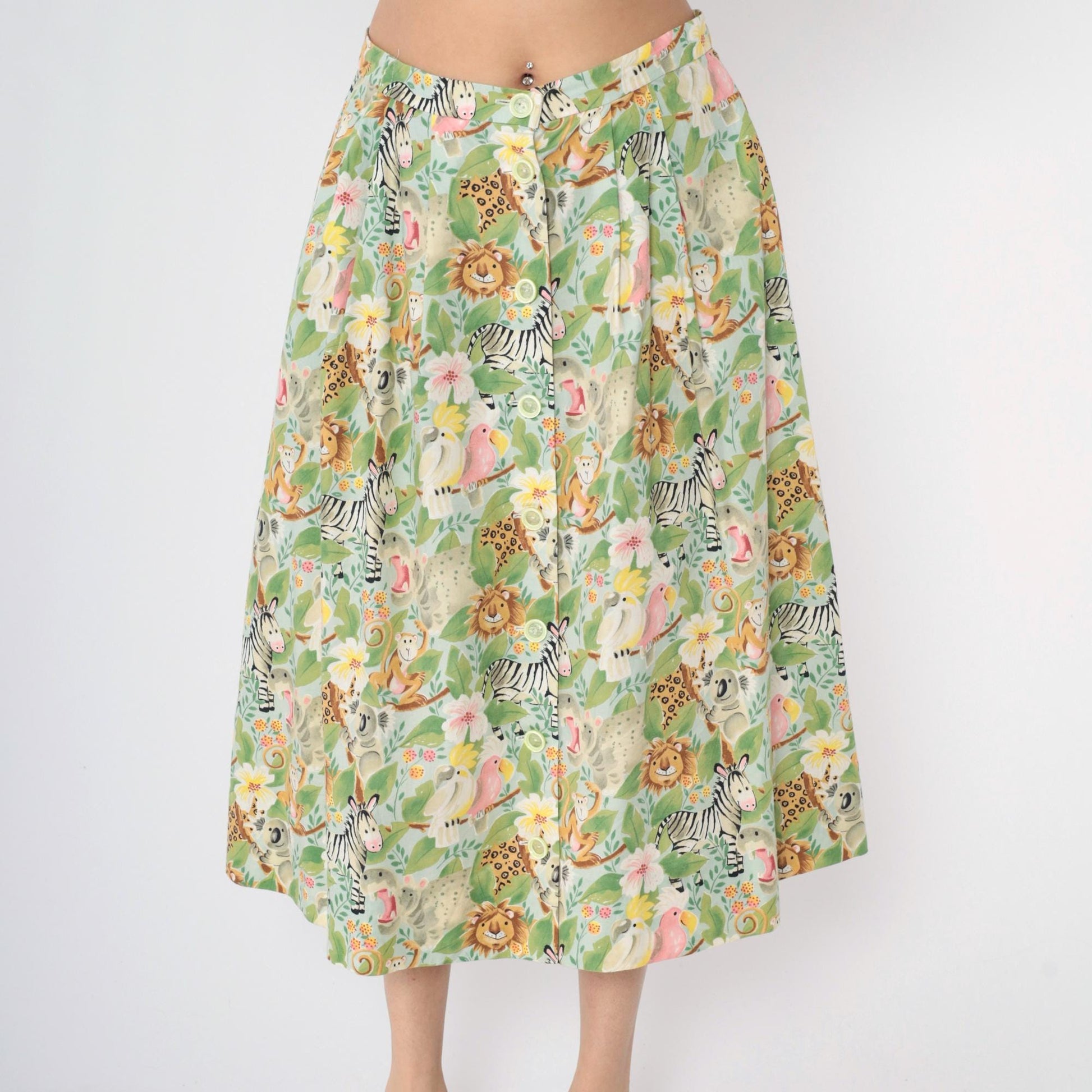 90s Safari Animal Print Midi Skirt Button Front Green Floral Medium