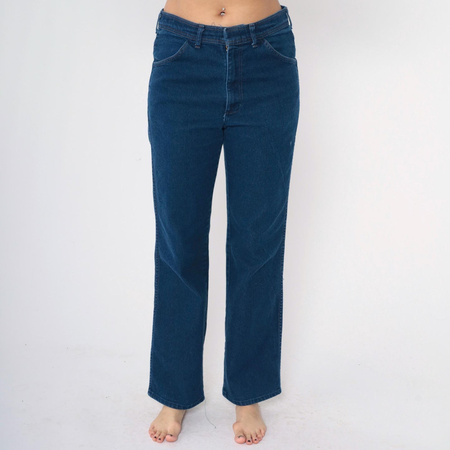 80s Dark Wash Straight Leg Jeans High Rise Western Stitching Medium M