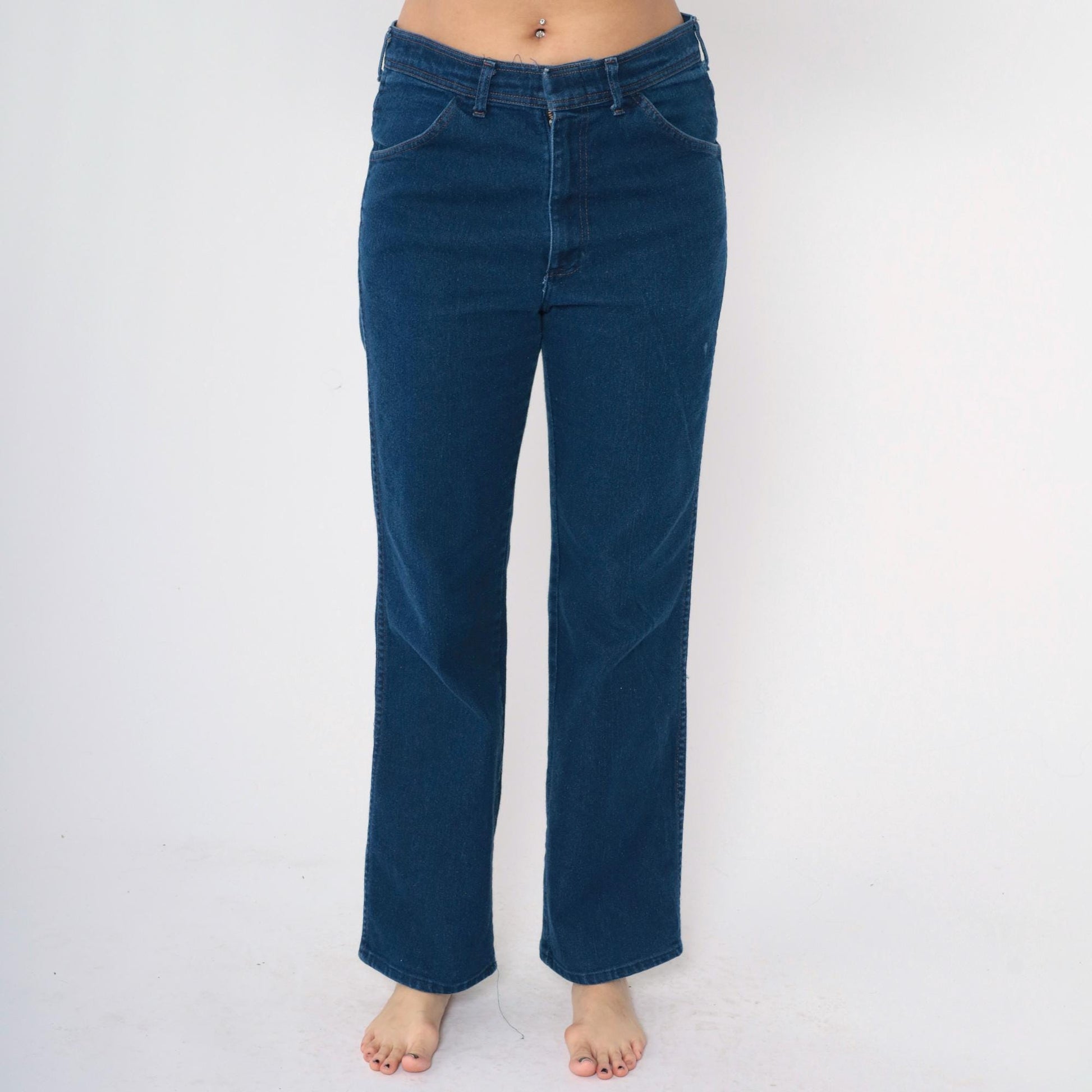 80s Dark Wash Straight Leg Jeans High Rise Western Stitching Medium M