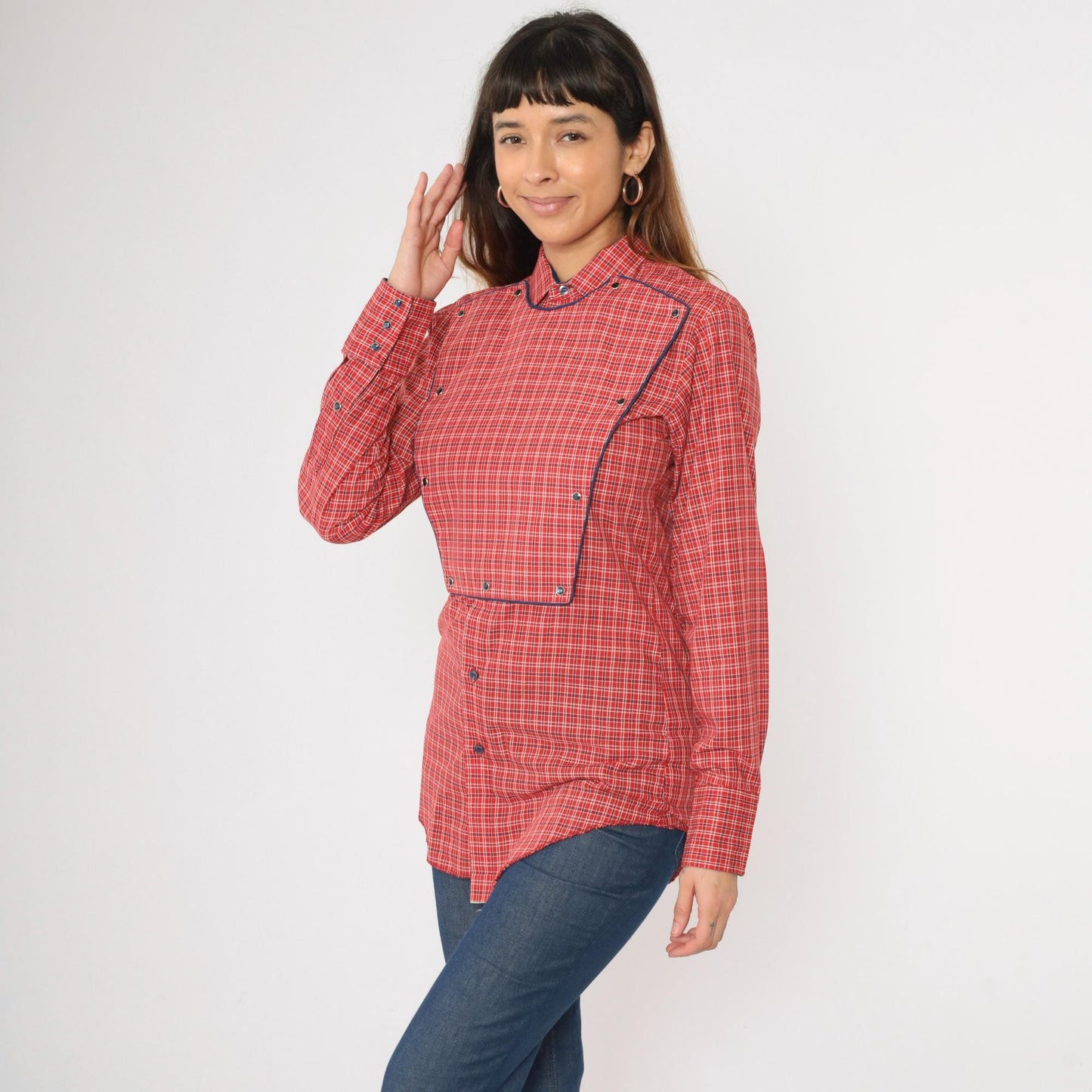 70s Western Shirt Red Plaid Pearl Snap Bib Front Long Tail Small S
