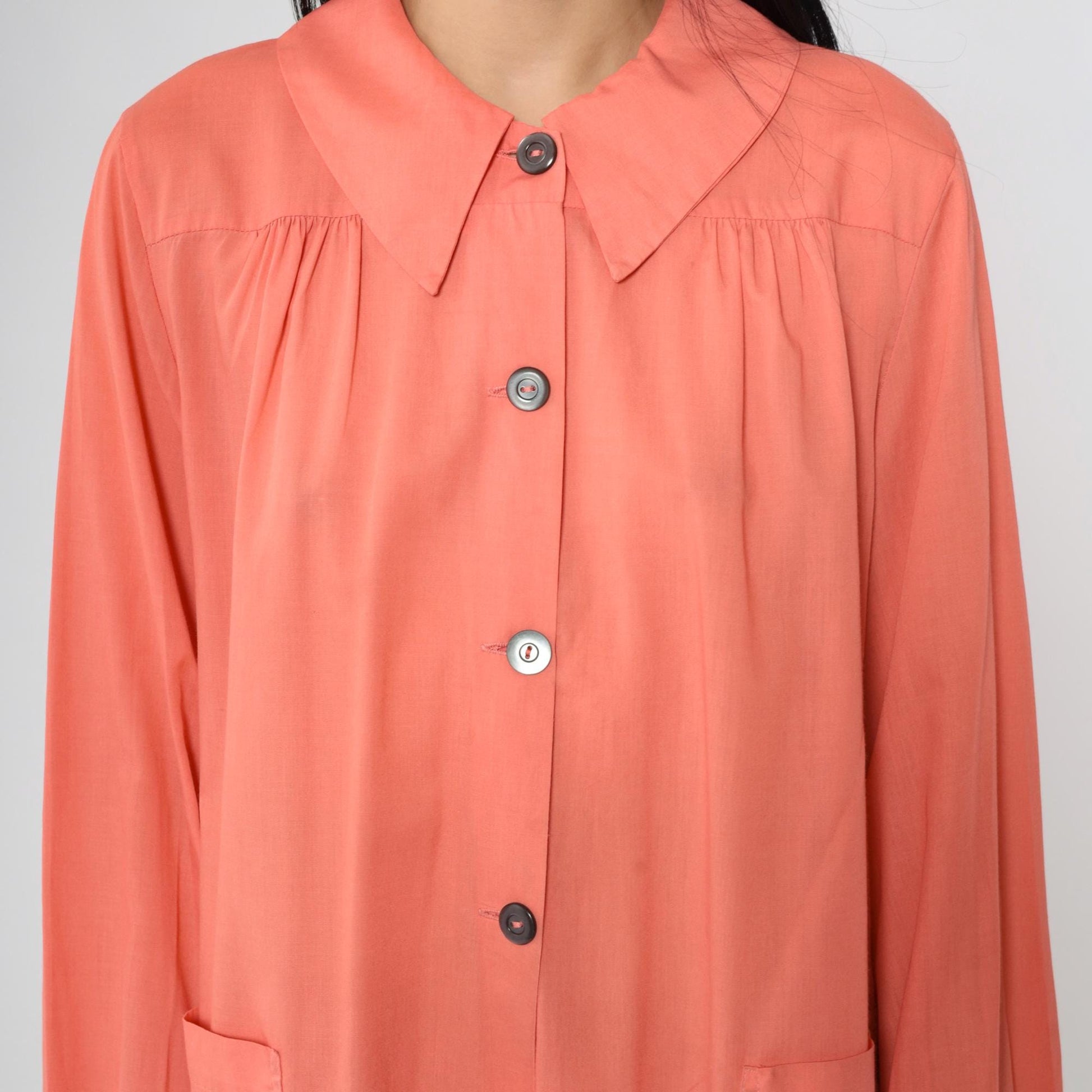 80s Coral Pink Smock Dress Peter Pan Collar Button-Up Shirtdress Small