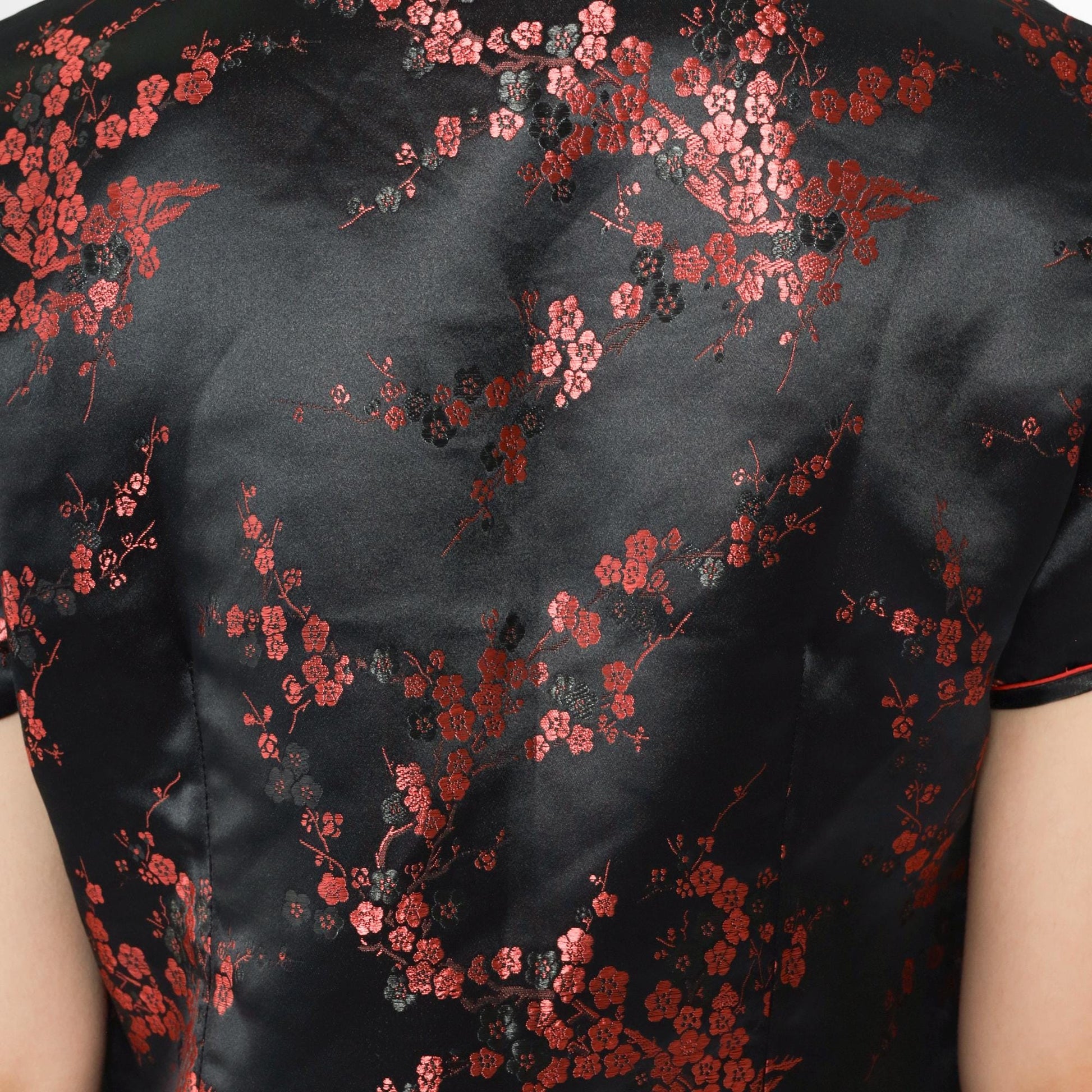 90s Black Satin Cheongsam Red Floral Jacquard Qipao Mini Dress Medium