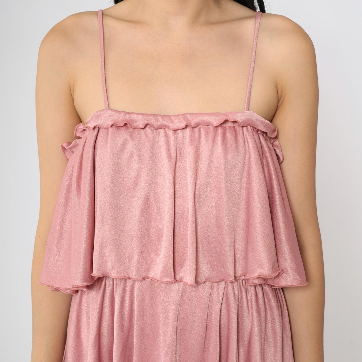 70s Tiered Disco Dress Pink Spaghetti Strap Midi Elastic Waist Medium