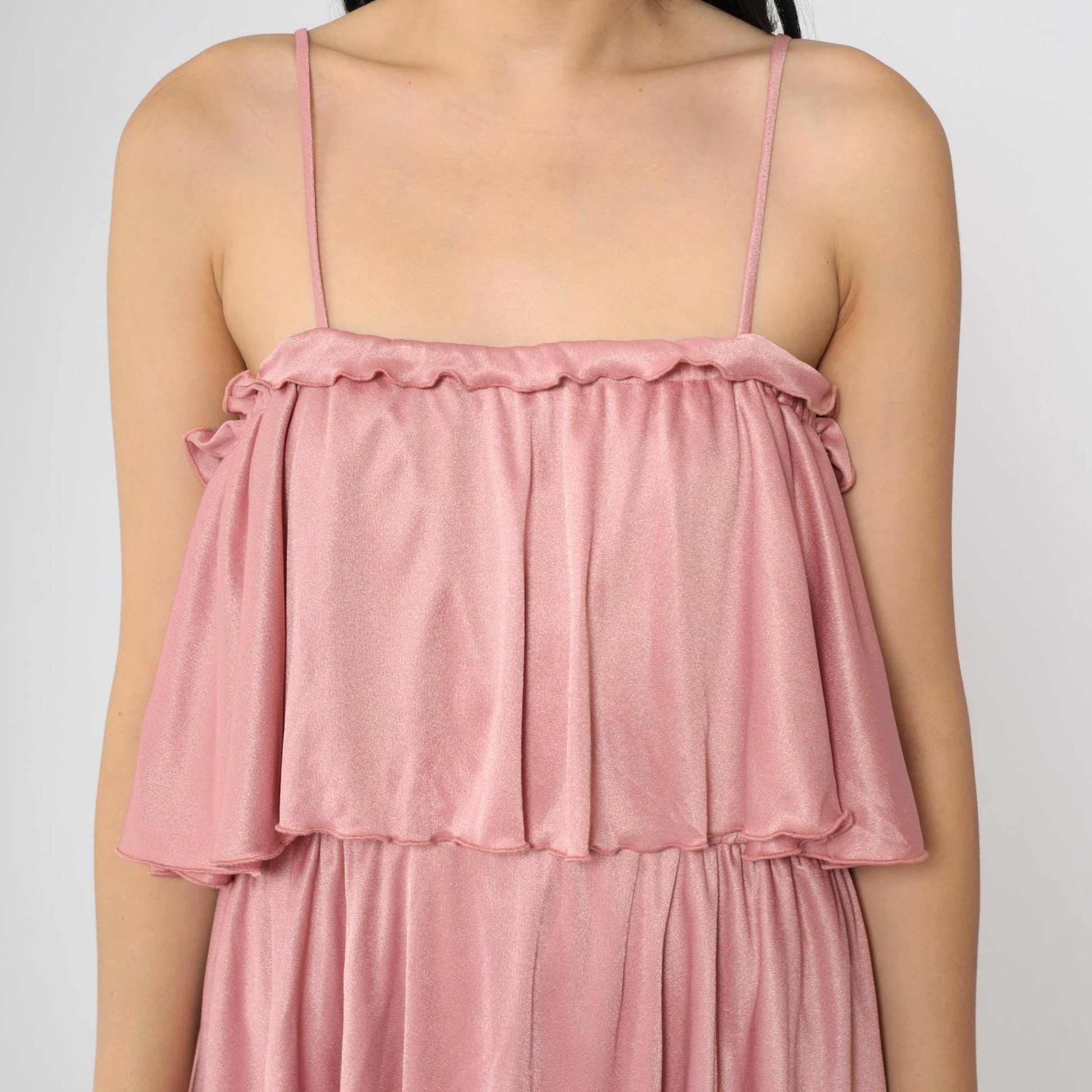 70s Tiered Disco Dress Pink Spaghetti Strap Midi Elastic Waist Medium