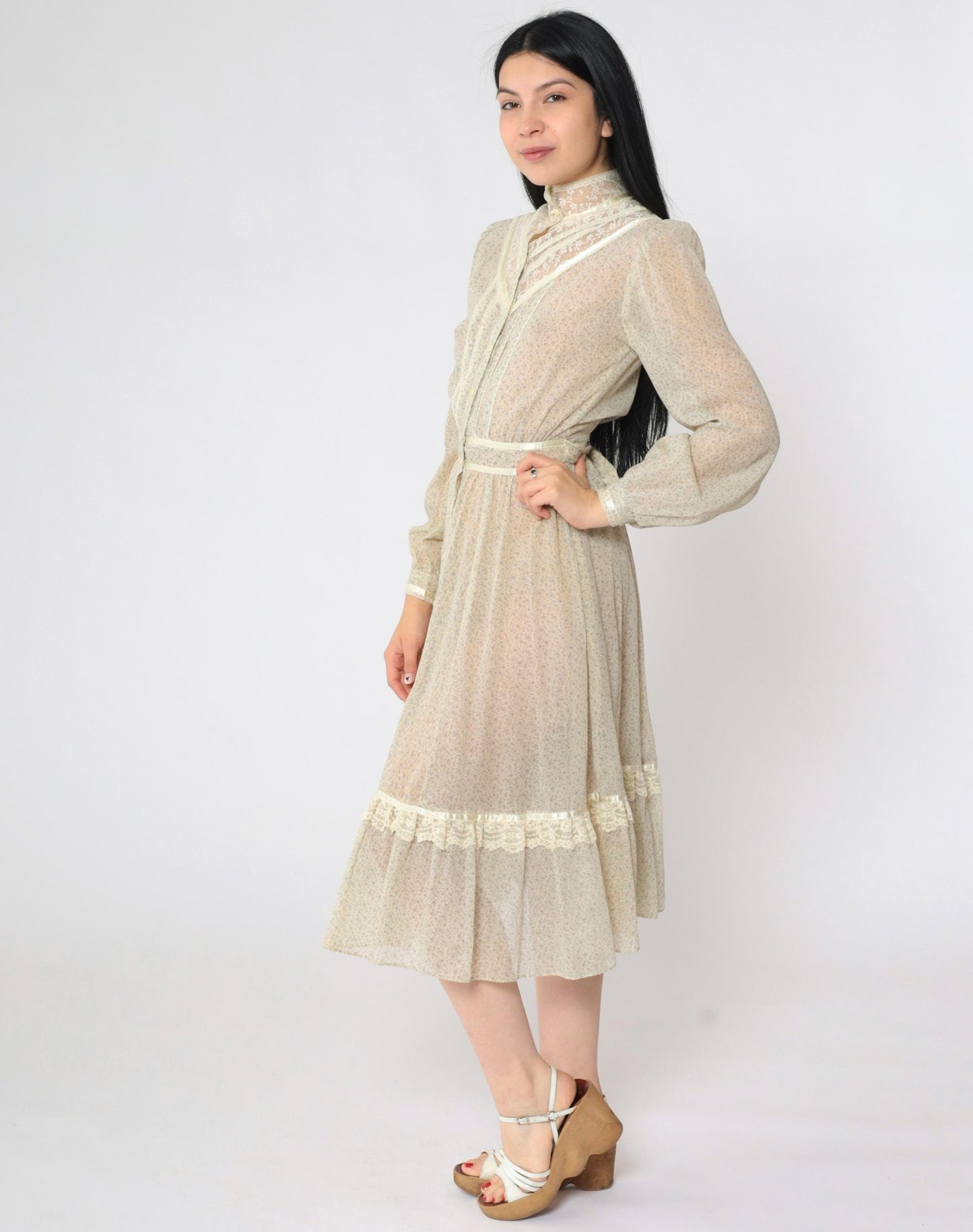 70s Gunne Sax Floral Calico Midi Dress Cream Puff Sleeve Lace Extra Small