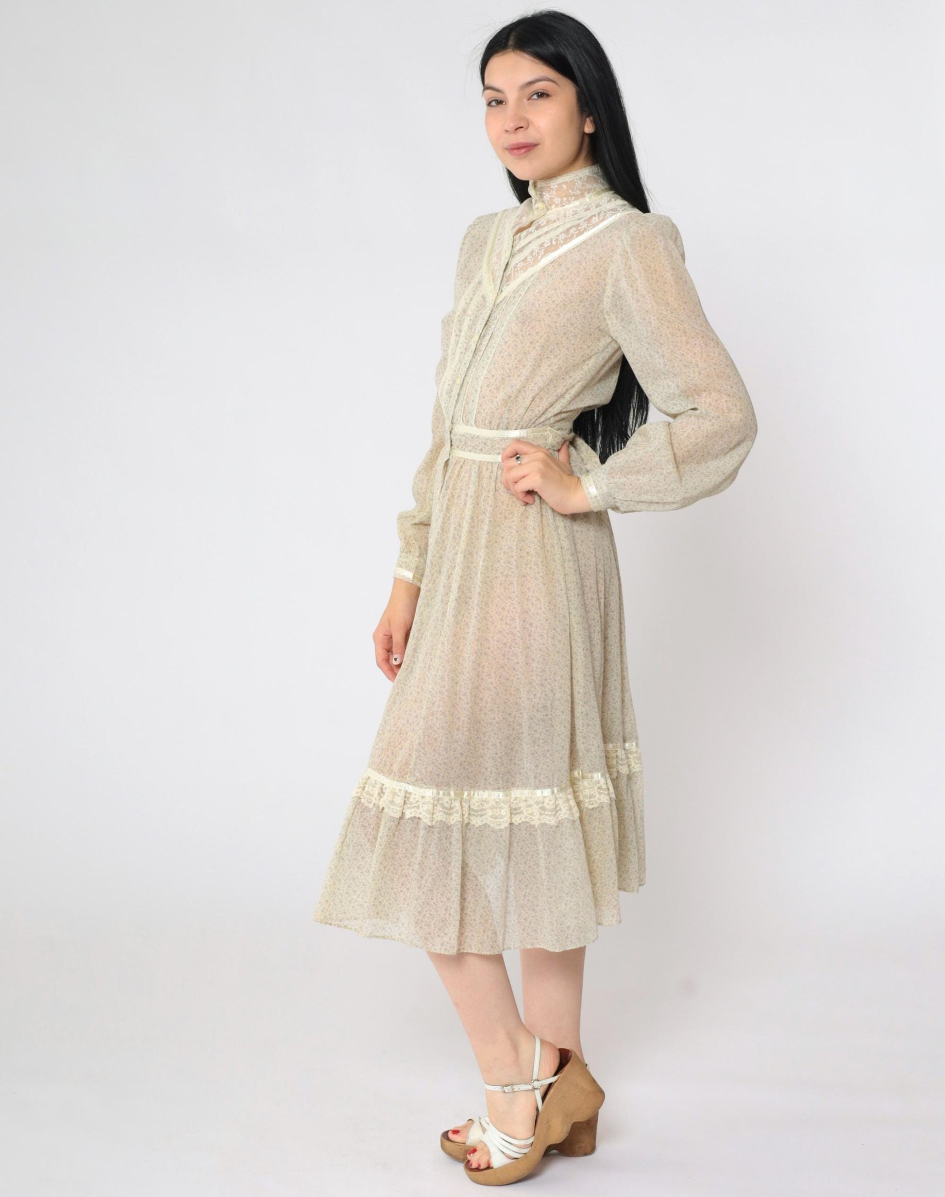 70s Gunne Sax Floral Calico Midi Dress Cream Puff Sleeve Lace Extra Small