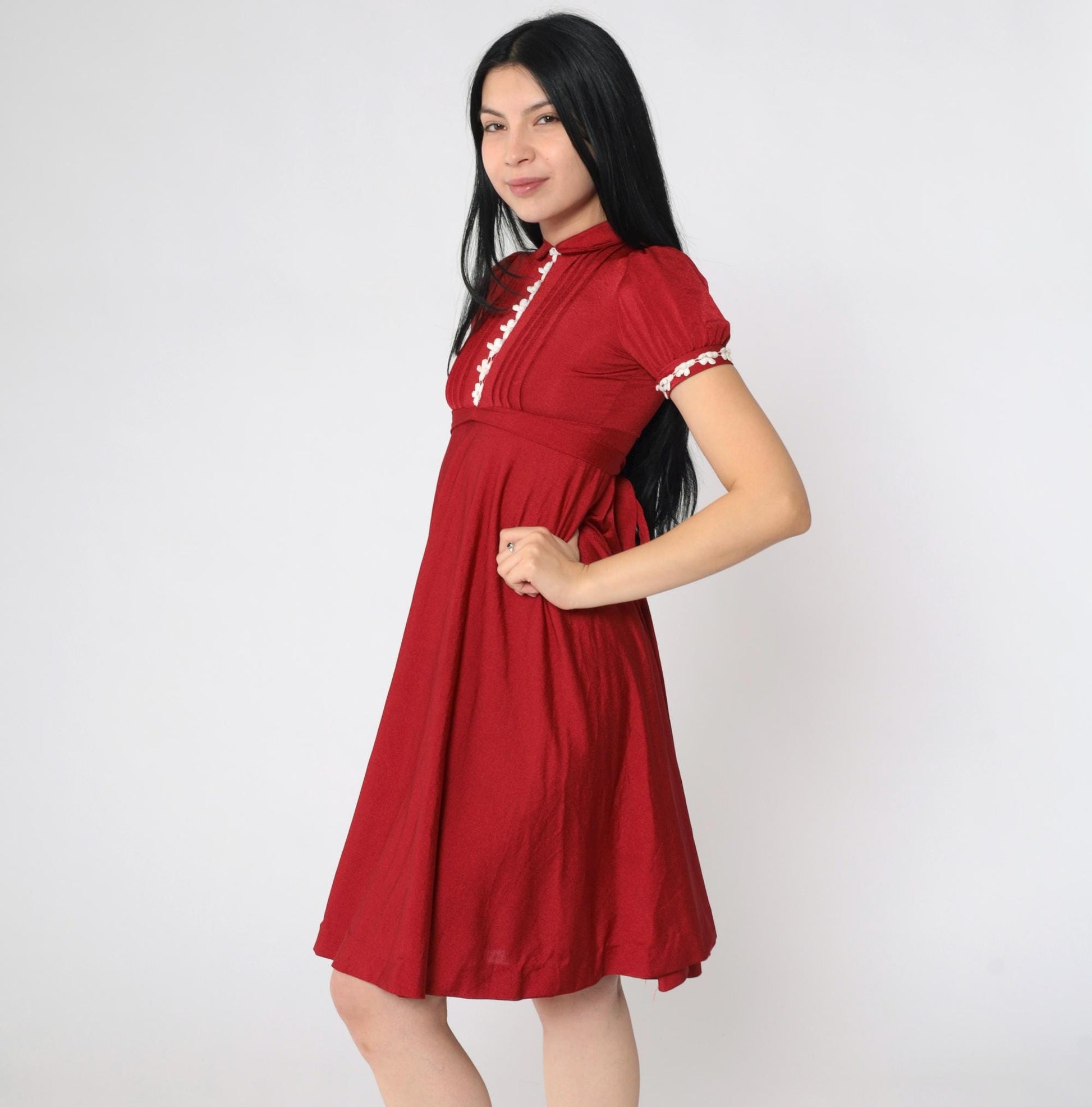 70s Red Babydoll Mini Dress Peter Pan Collar Puff Sleeve Lace Trim XXS