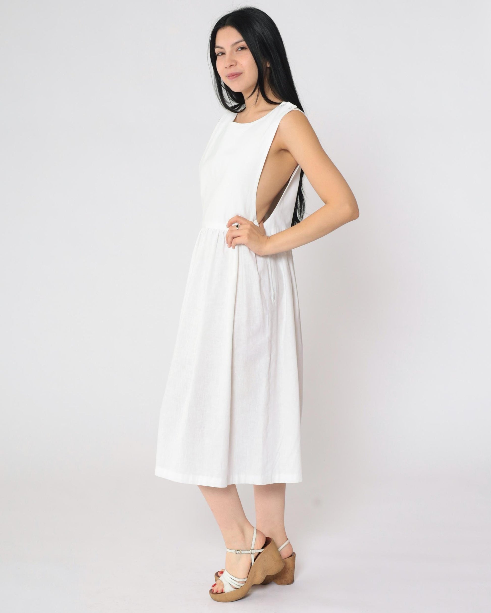 80s White Pinafore Midi Dress High Waist Low Armhole Sleeveless Medium