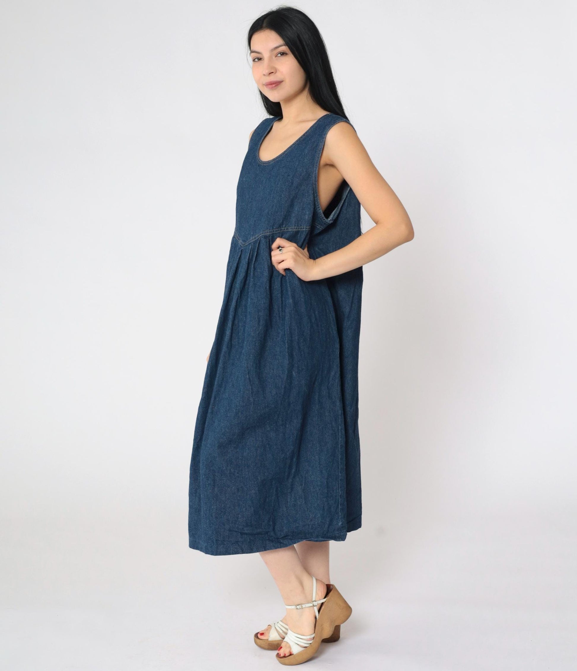 90s Dividends Maternity Denim Midi Dress Dark Blue Pleated High Waist Medium M