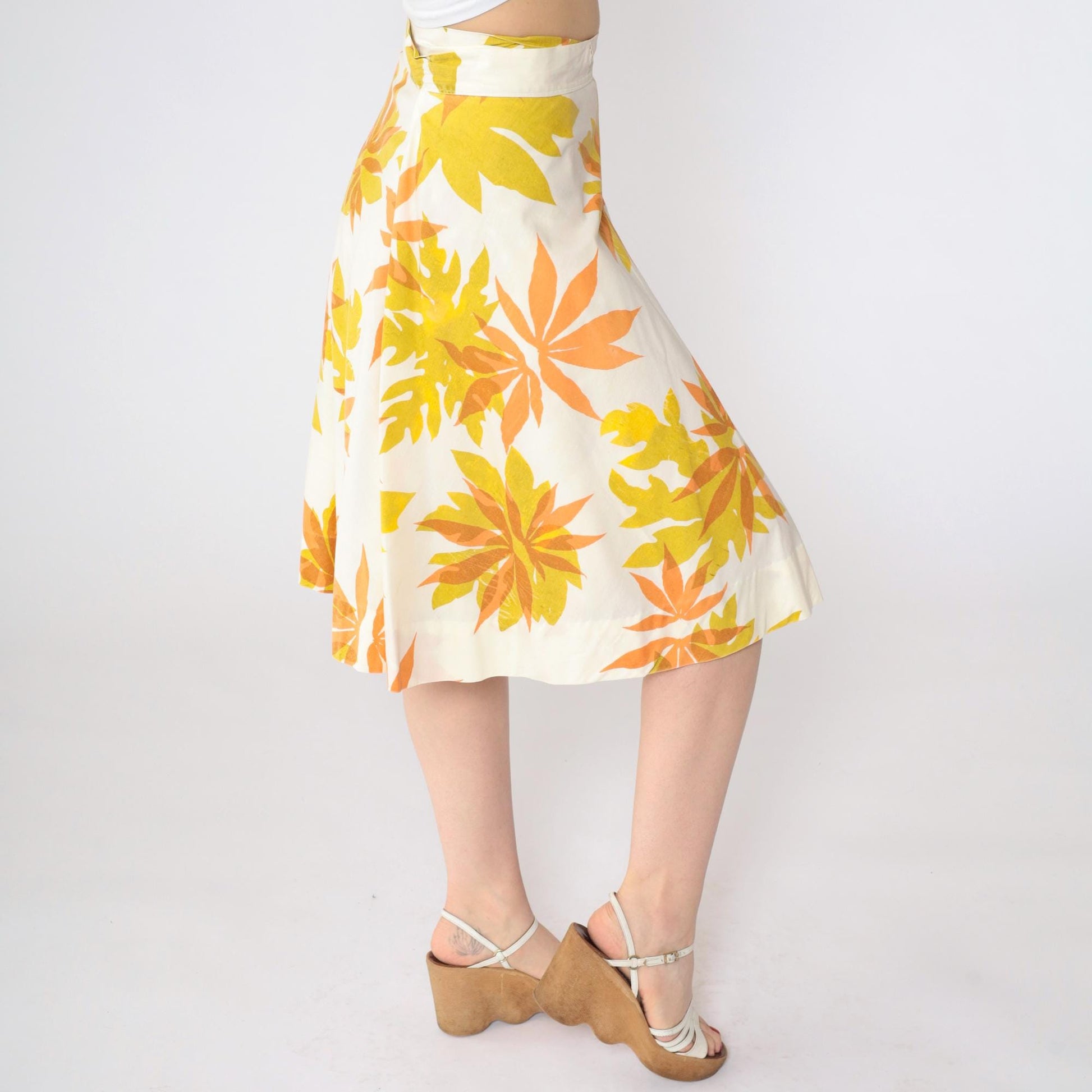 70s Tropical Floral Wrap Midi Skirt White Mustard Orange Small