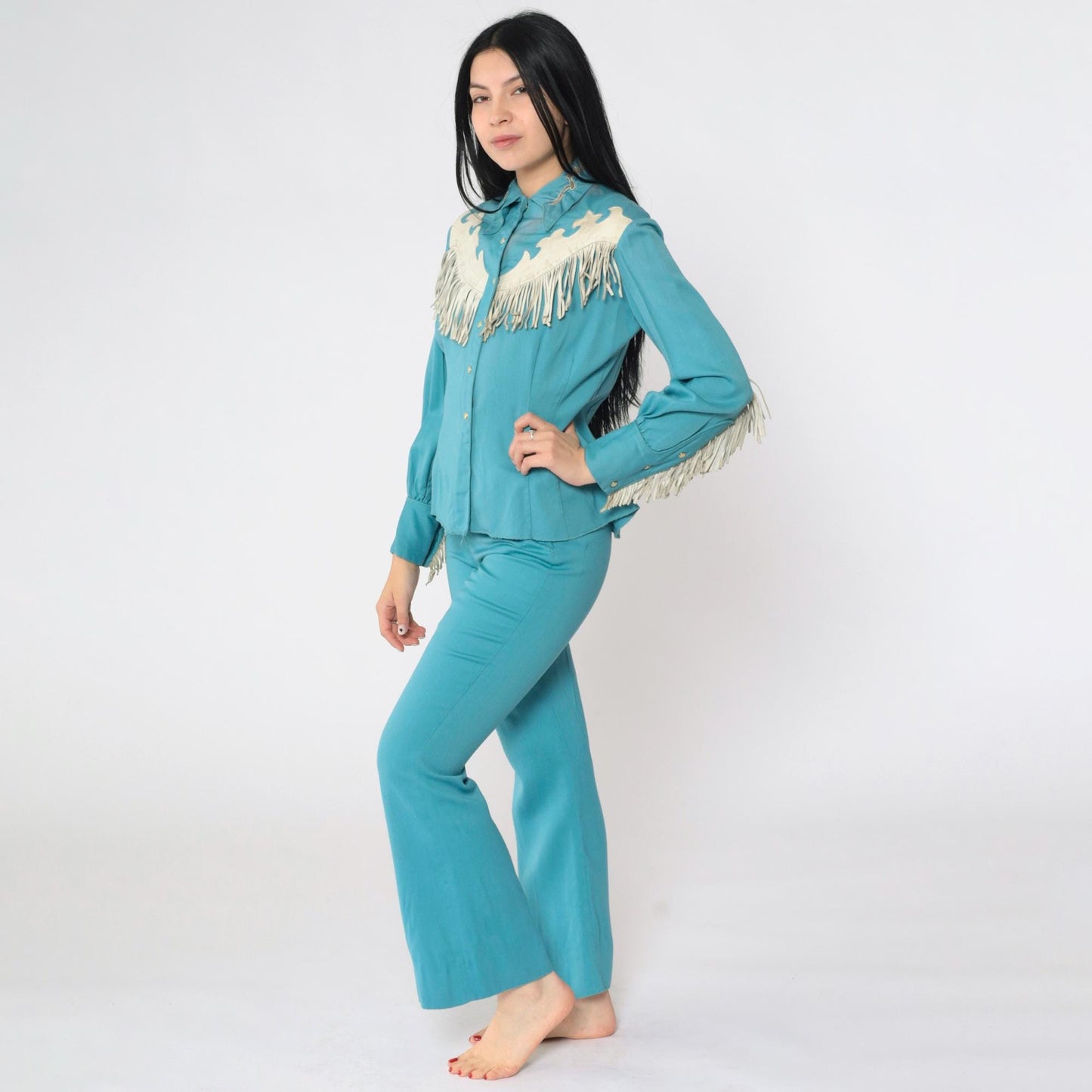 1950s Hillbilly Westerns Turquoise Leather Fringe Two-Piece Set Extra Small