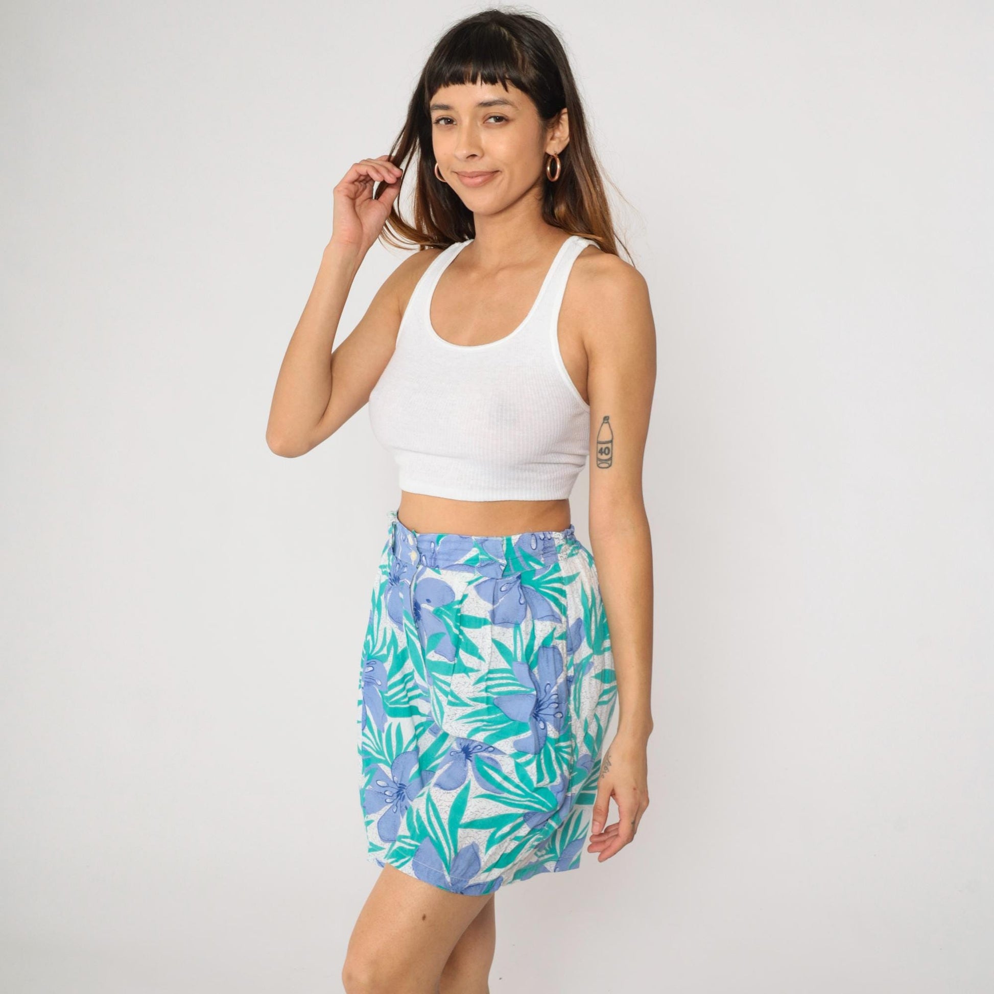 90s New Aura Floral Shorts Teal Periwinkle High Waisted Pleated Rayon Small
