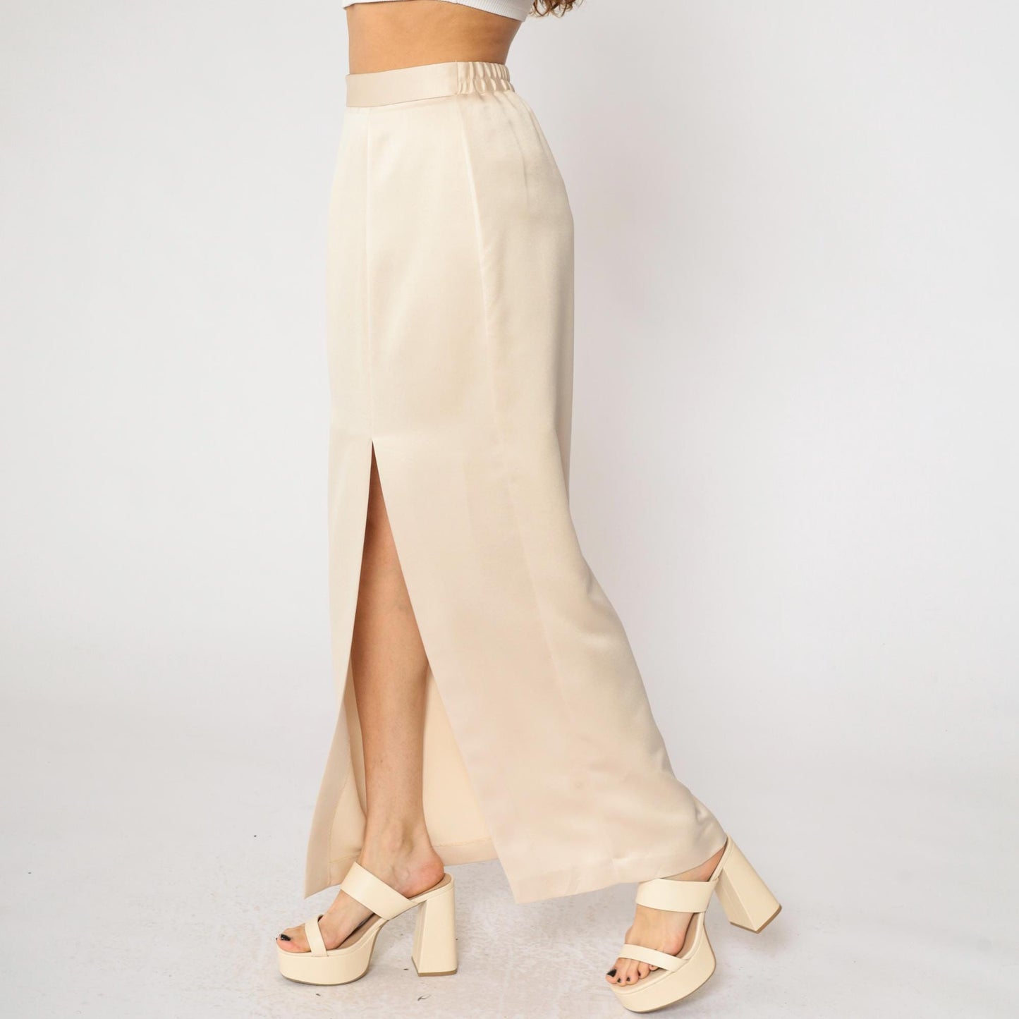 90s JR Nites Cream Satin Maxi Skirt High Front Slit Column Small