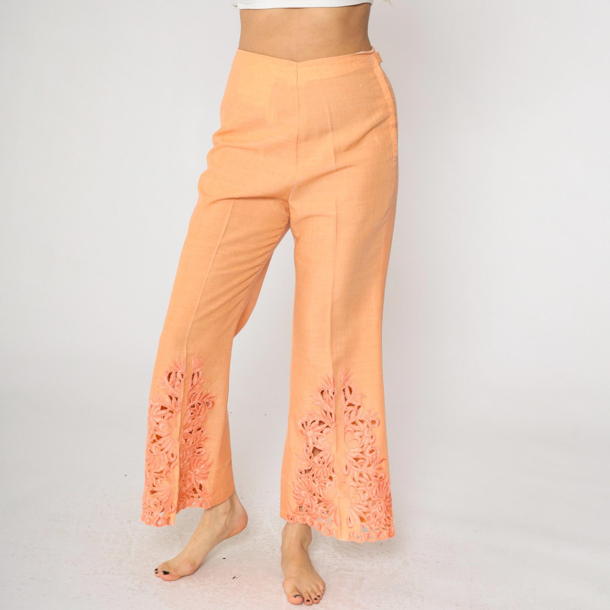 70s Orange Lace Cutwork Bell Bottom Pants High Rise Flared Small