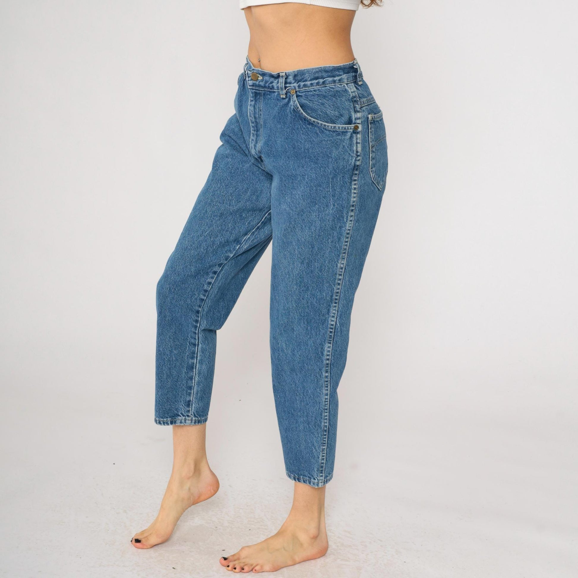 80s Chic High-Waisted Cropped Tapered Jeans Blue Denim Medium