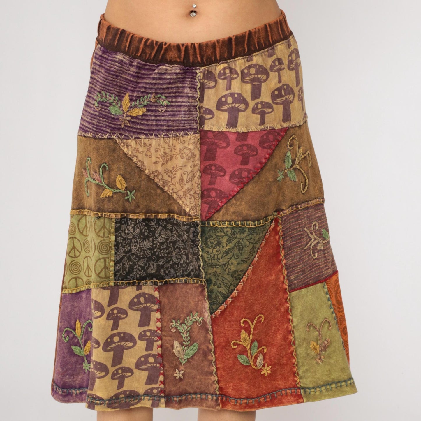 Y2K Patchwork Midi Skirt Brown Mushroom Floral Peace Sign Cotton Large L