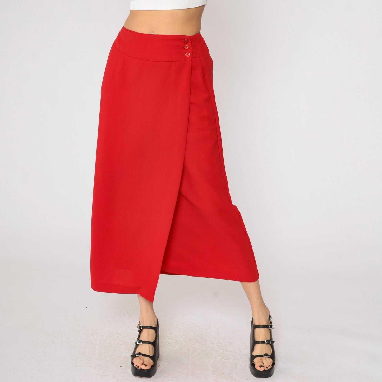 90s Red Faux Wrap Skirt High Waist Straight Midi Ankle Length Medium 8