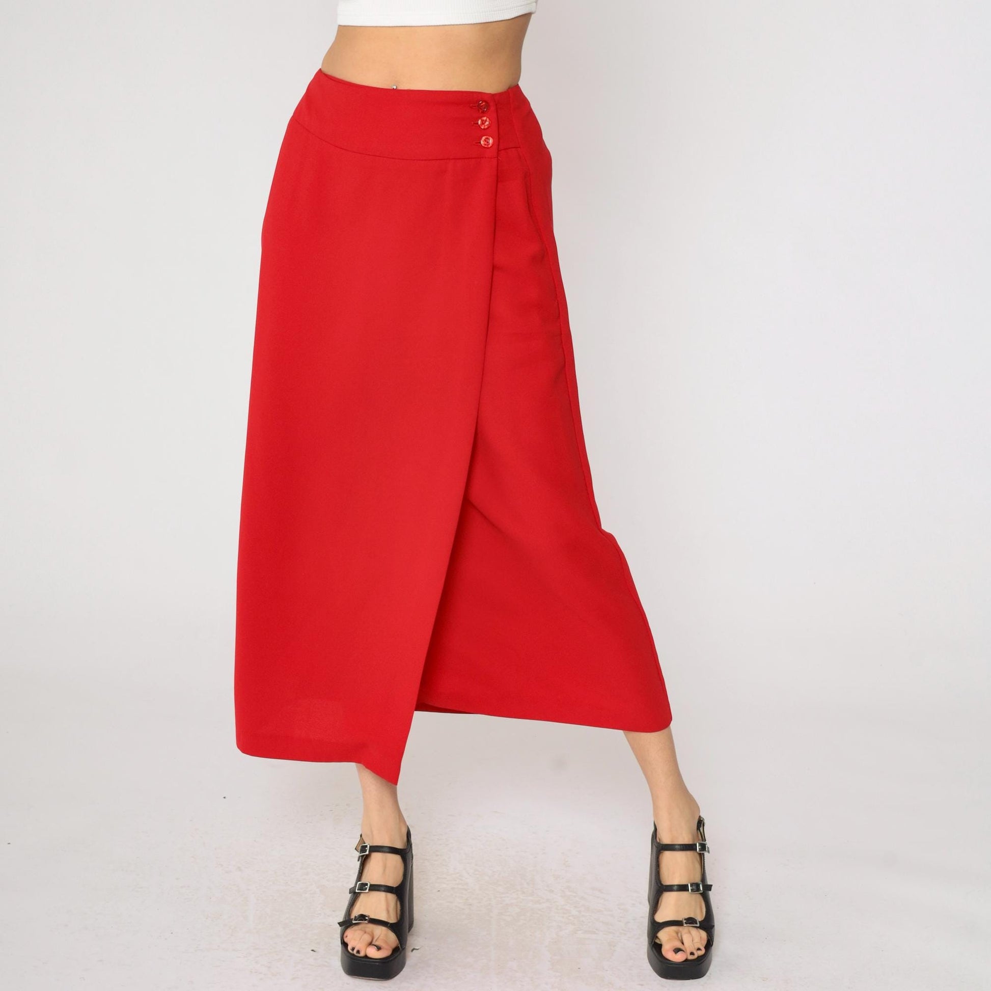 90s Red Faux Wrap Skirt High Waist Straight Midi Ankle Length Medium 8