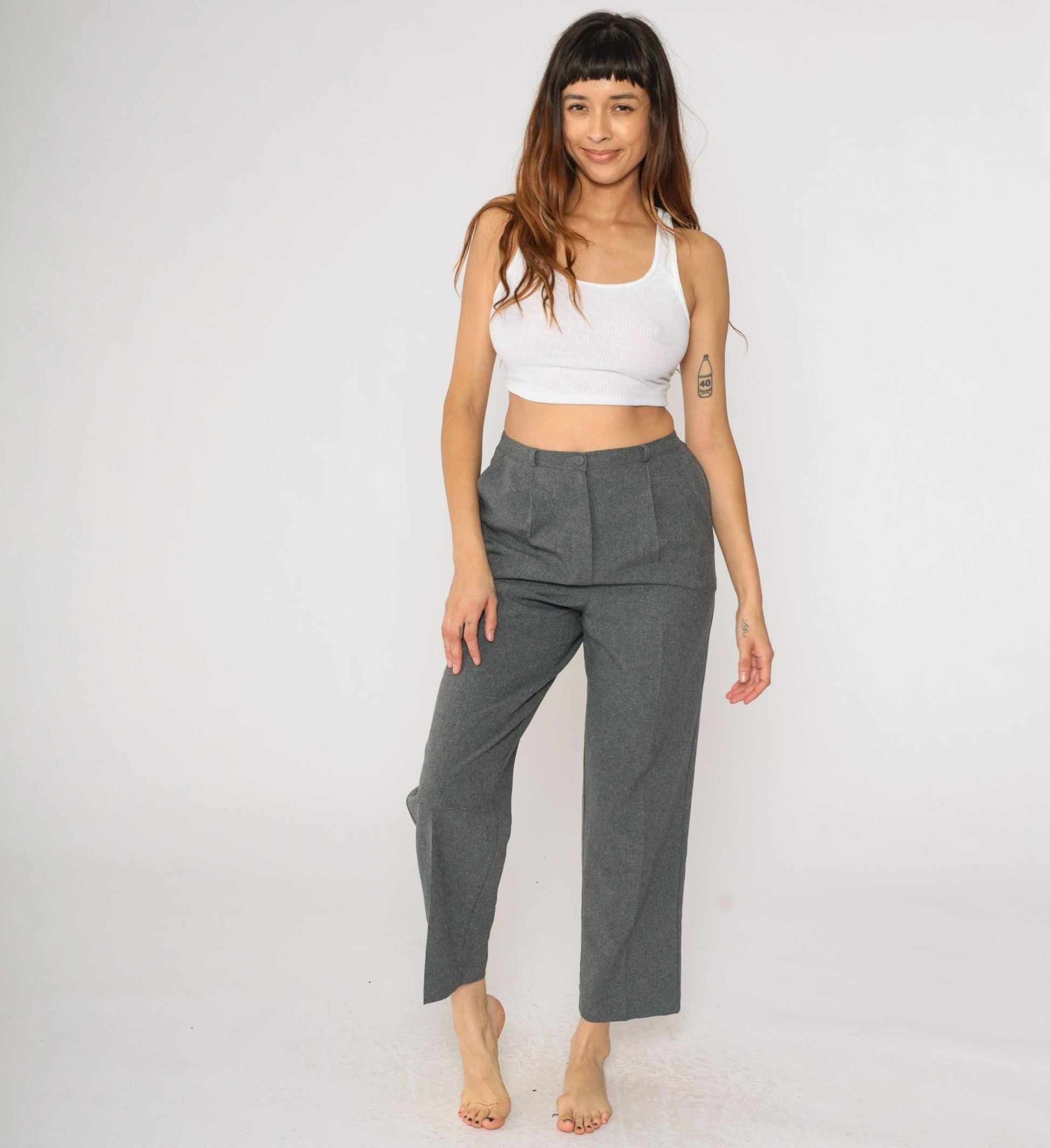 90s Kathie Lee Grey Pleated High-Waist Straight Trousers Small