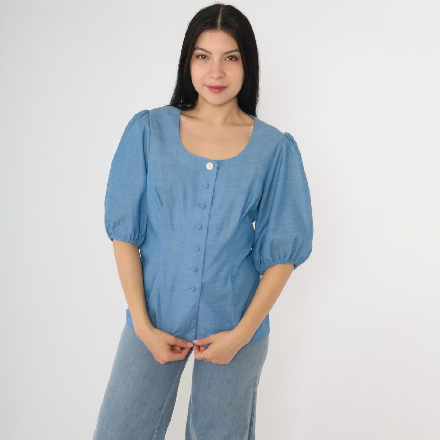 70s Alice of California Blue Puff Sleeve Button-Up Blouse Scoop Neck Small