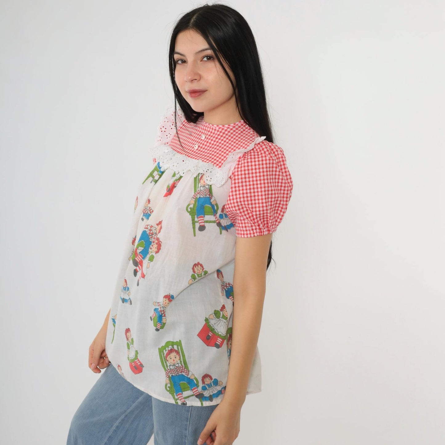 70s Raggedy Ann Pajama Shirt White Red Gingham Eyelet Puff Sleeve XXS