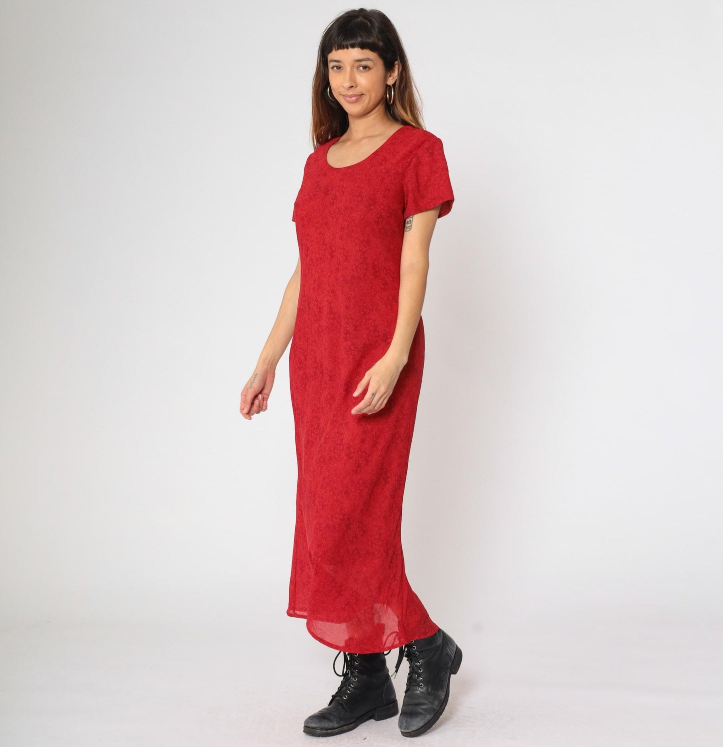90s Jessica Howard Red Floral Maxi Dress Shift Scoop Neck Short Sleeve Large