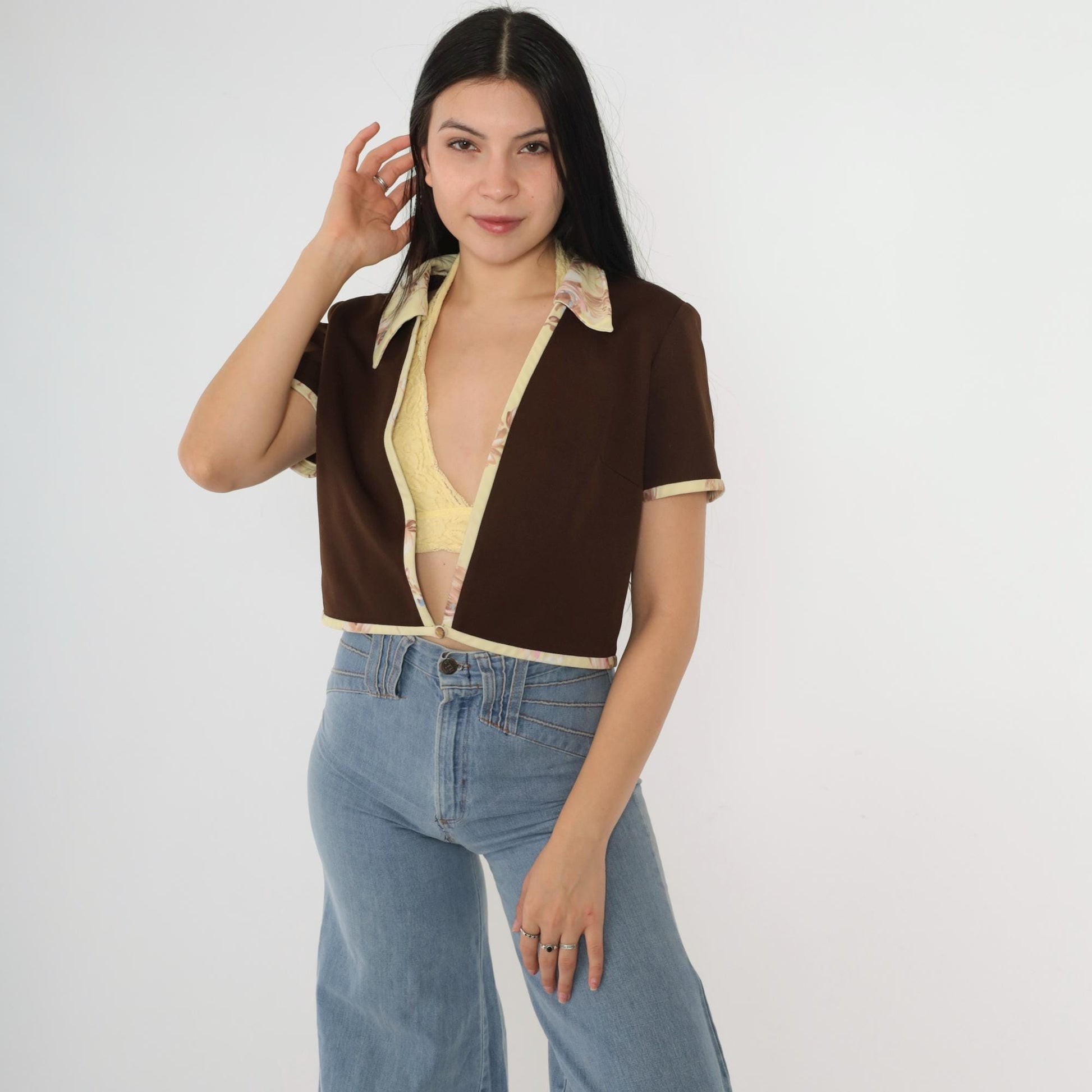 70s Brown Open Front Jacket Yellow Floral Trim Short Sleeve Medium