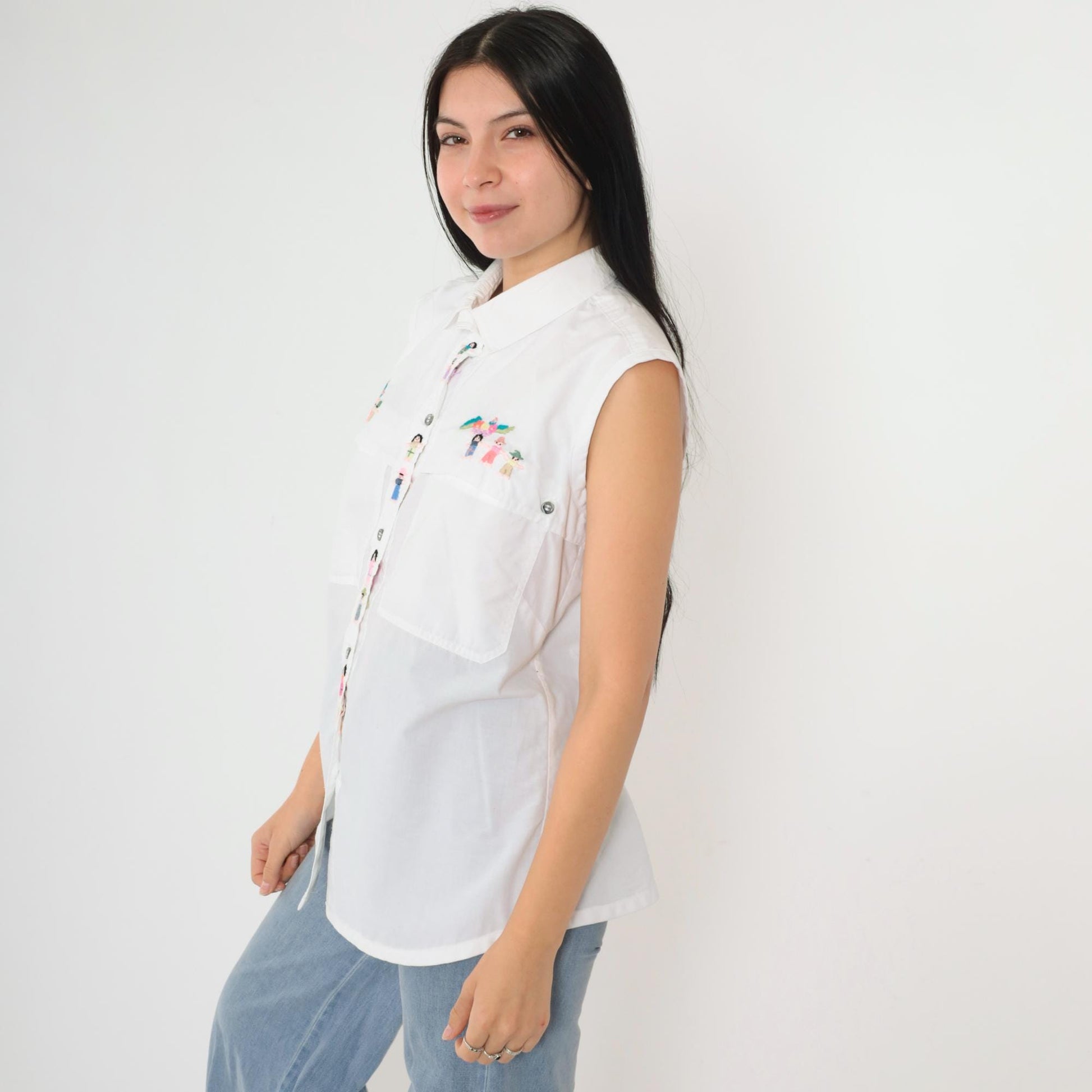 90s Embroidered White Tank Top Sleeveless Button Up Blouse Chest Pocket Medium