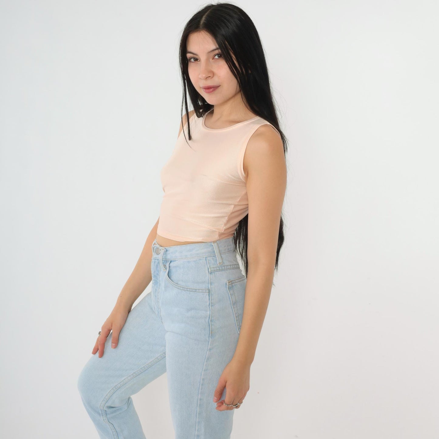 90s Shiny Peach Crop Tank Top Bodycon Fitted Extra Small XS