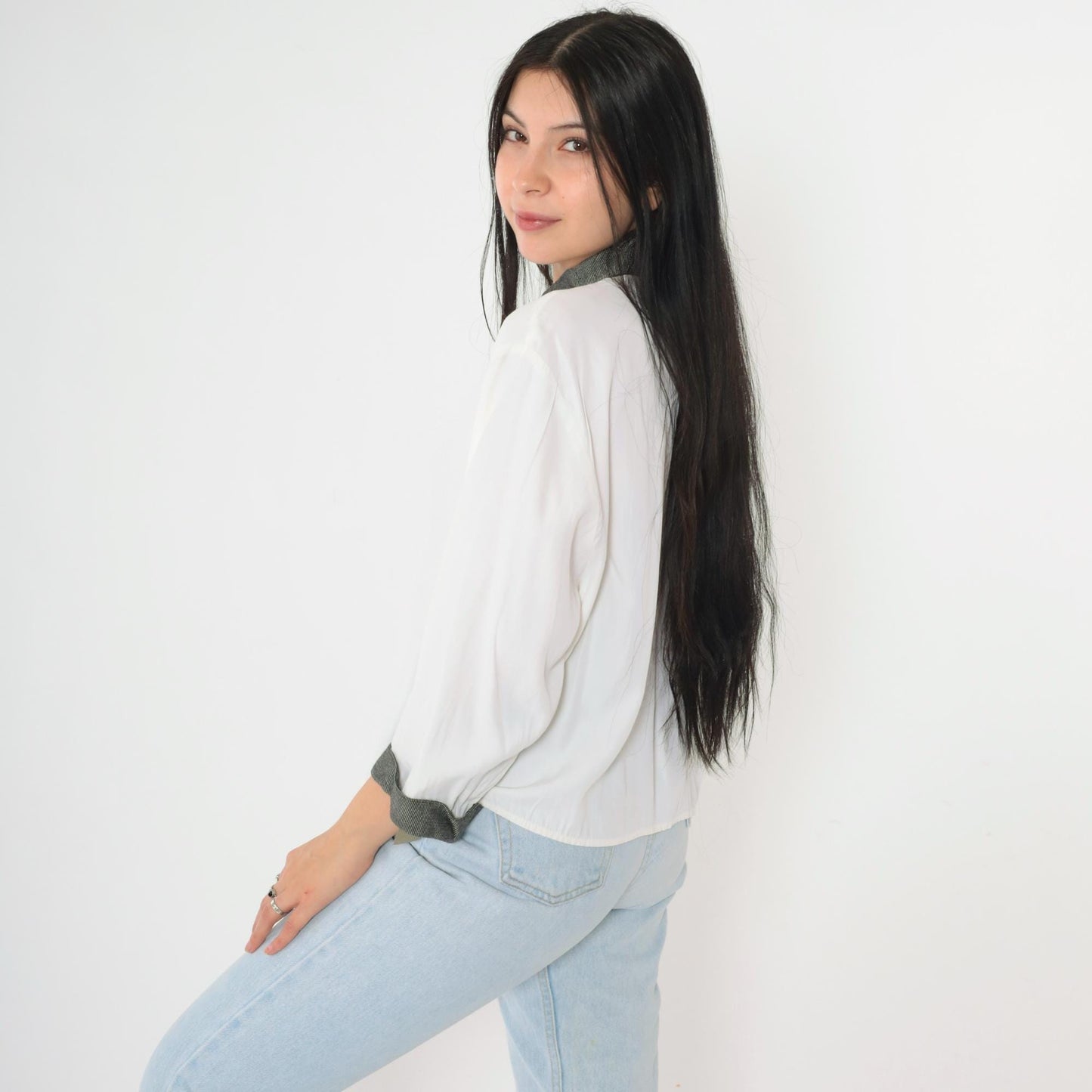 90s White Button-Up Blouse Black Check Collar Hidden Placket 3/4 Sleeve Large L