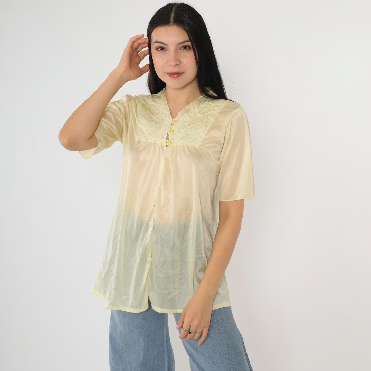 80s Yellow Sheer Nylon Pajama Top Floral Embroidered Quilted Yoke Button Up Small Medium