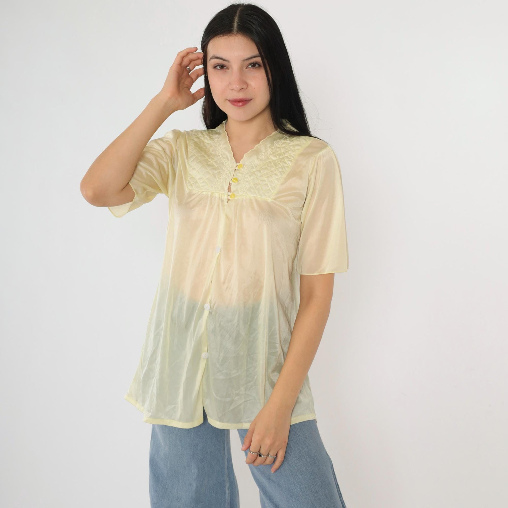 80s Yellow Sheer Nylon Pajama Top Floral Embroidered Quilted Yoke Button Up Small Medium