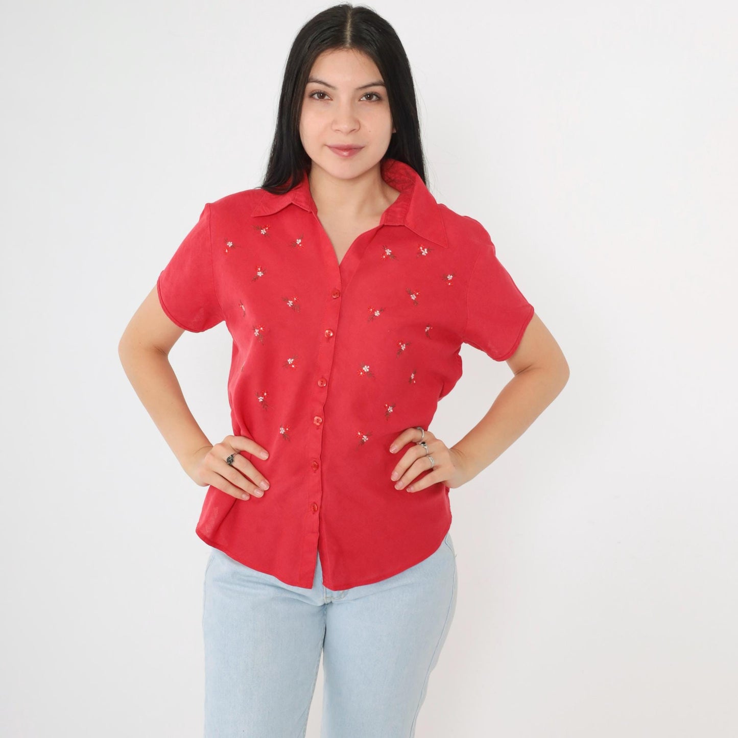 Banana Republic 90s Red Floral Embroidered Button-Up Blouse Short Sleeve Large L