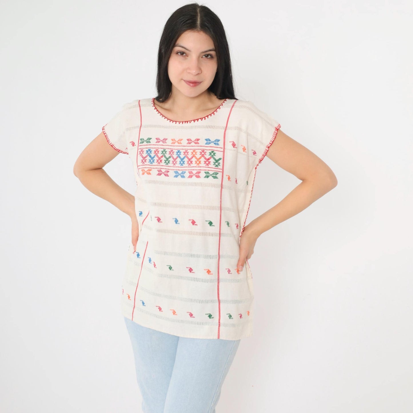 90s Mexican Embroidered Blouse Cream Geometric Cutwork Tunic Small