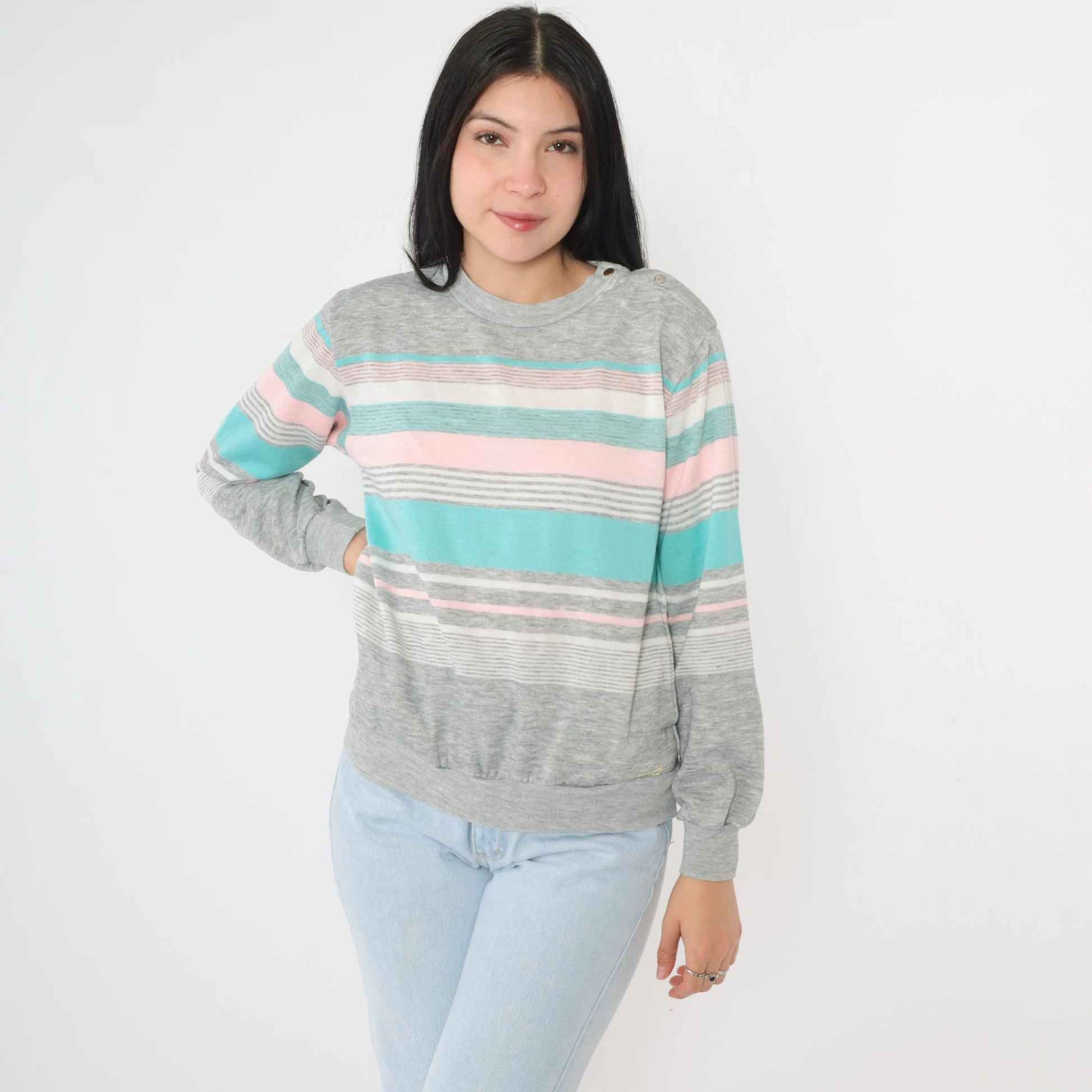 80s Striped Crewneck Sweatshirt Heather Grey Pink Turquoise Snap Shoulder Small