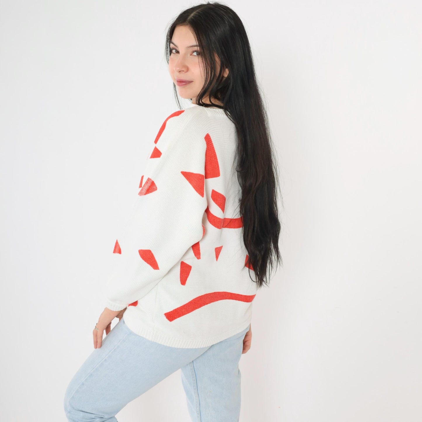 80s Richard & Co. Cotton Sweater Red Abstract Geometric Print Boatneck Small S