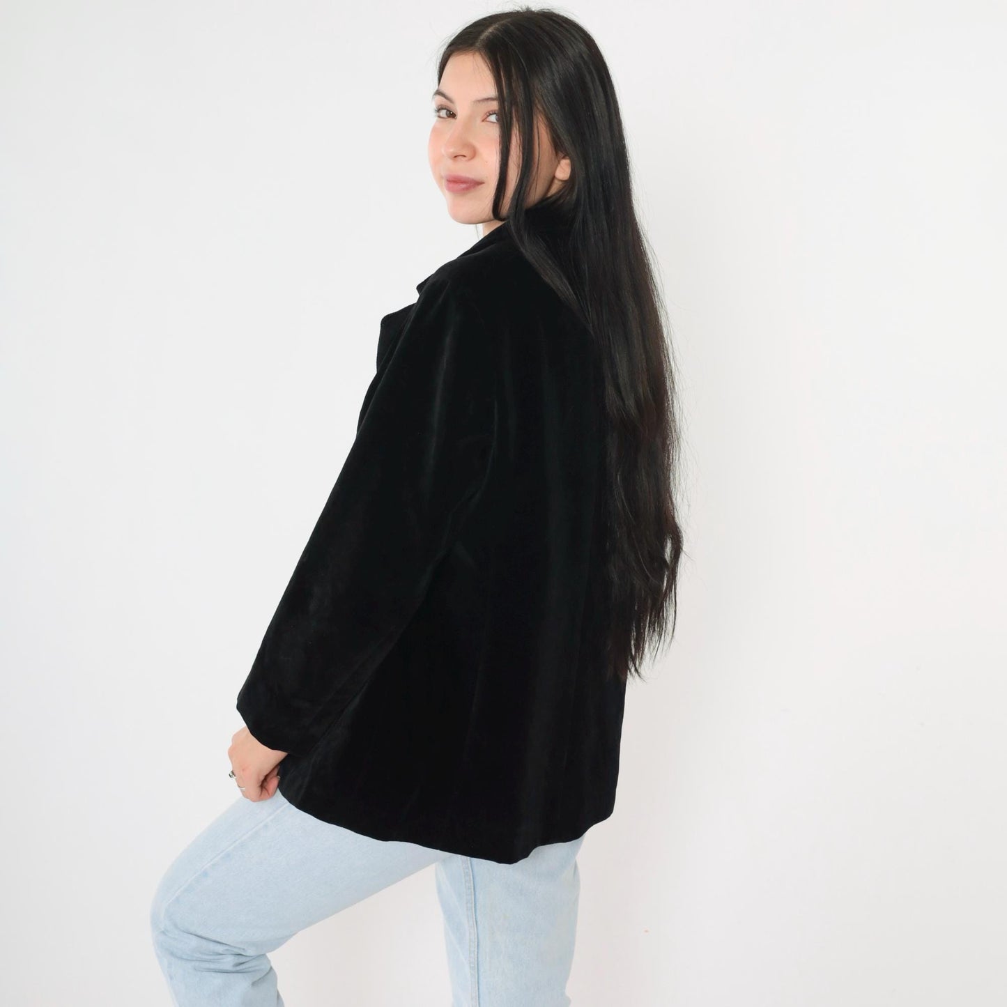 80s Black Velvet Blazer Tailored Button-Up Jacket Medium