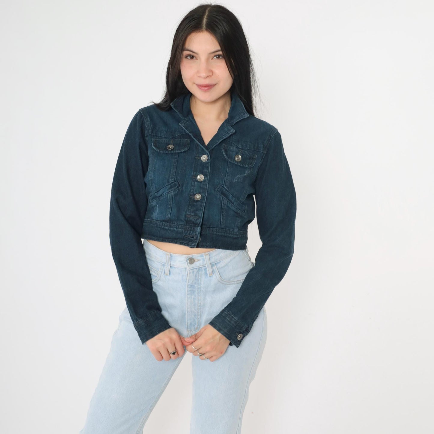 L.E.I. Cropped Dark Denim Jacket Y2K Button Front Fitted Small