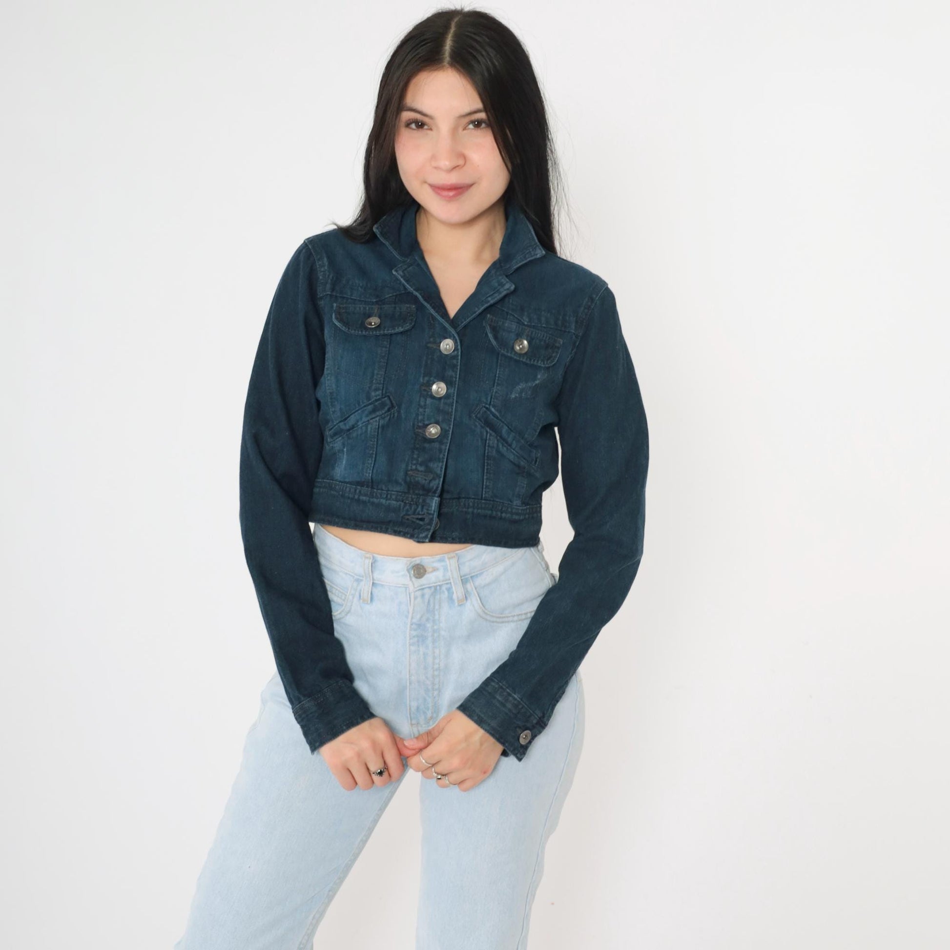 L.E.I. Cropped Dark Denim Jacket Y2K Button Front Fitted Small