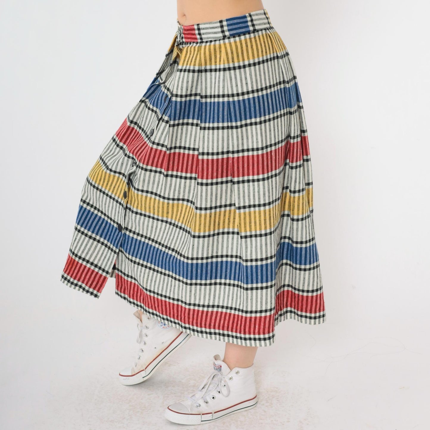 80s Striped Button-Up Midi Skirt High Waist Red Yellow Blue Small
