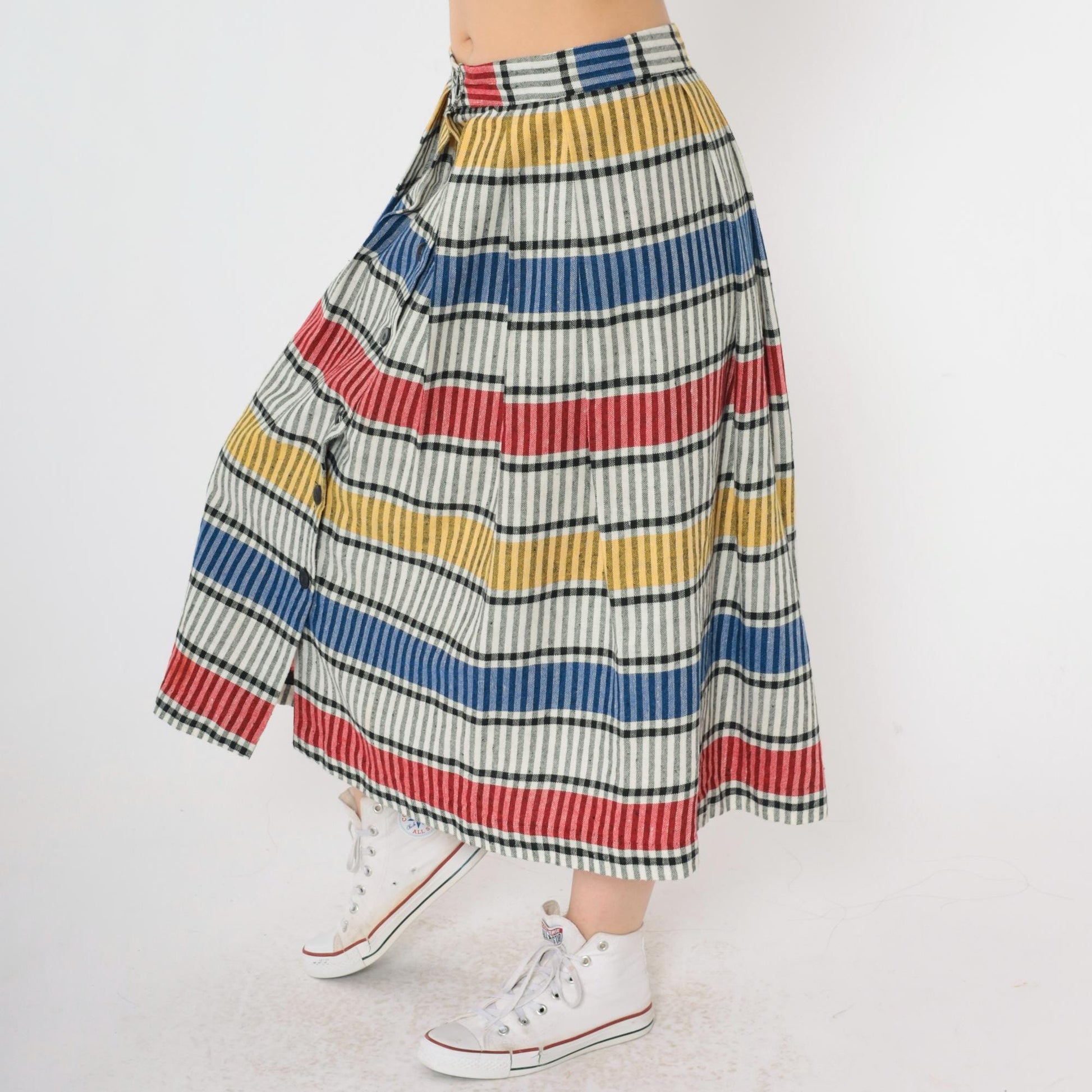 80s Striped Button-Up Midi Skirt High Waist Red Yellow Blue Small