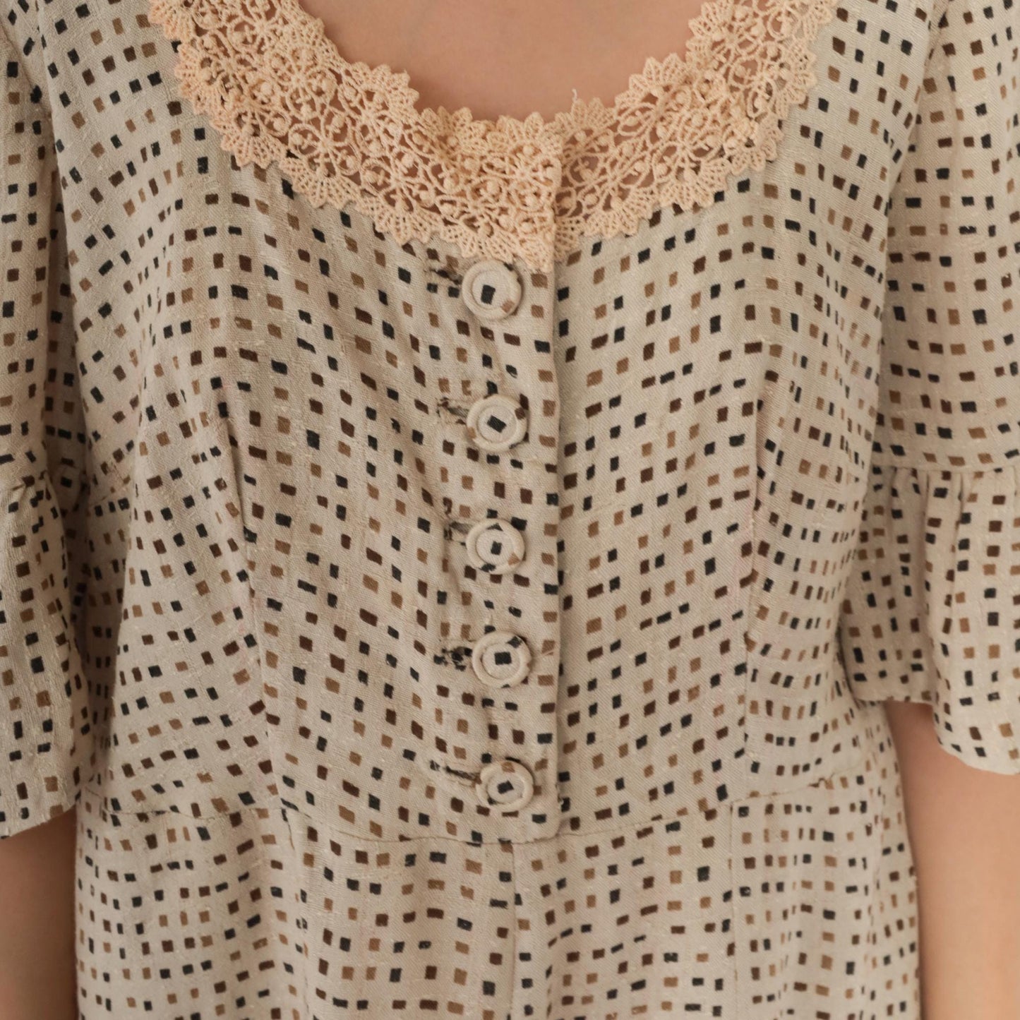 Y2K Beige Mini Dress Square Neckline Crochet Lace Bell Sleeve Button Up Medium M