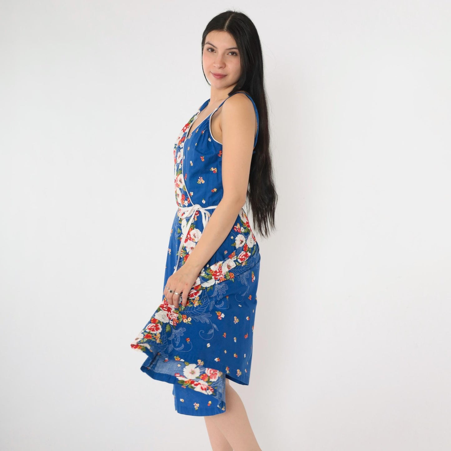 80s Royal Blue Floral Midi Dress Smocked High Waist V Neck Sleeveless Small