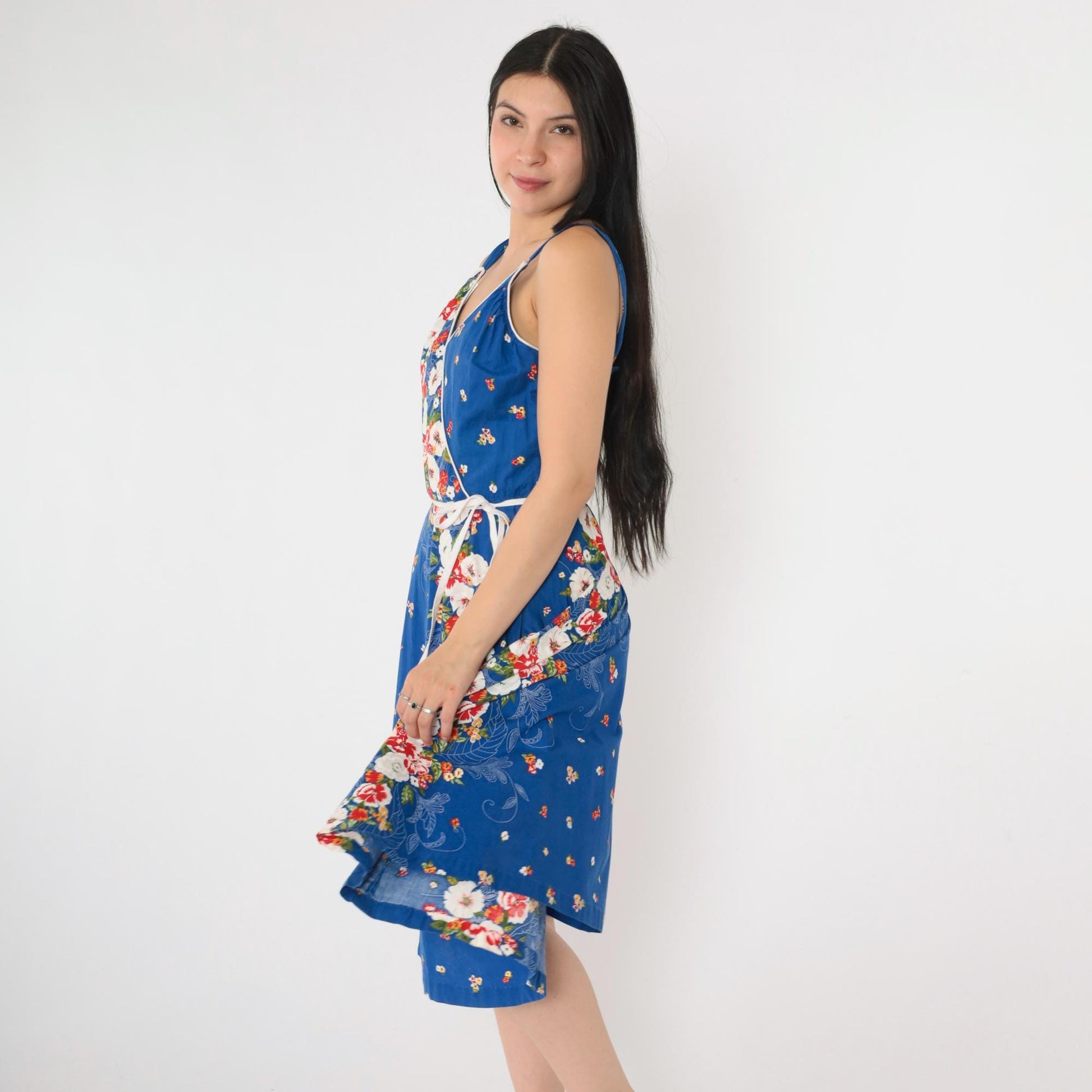 80s Royal Blue Floral Midi Dress Smocked High Waist V Neck Sleeveless Small