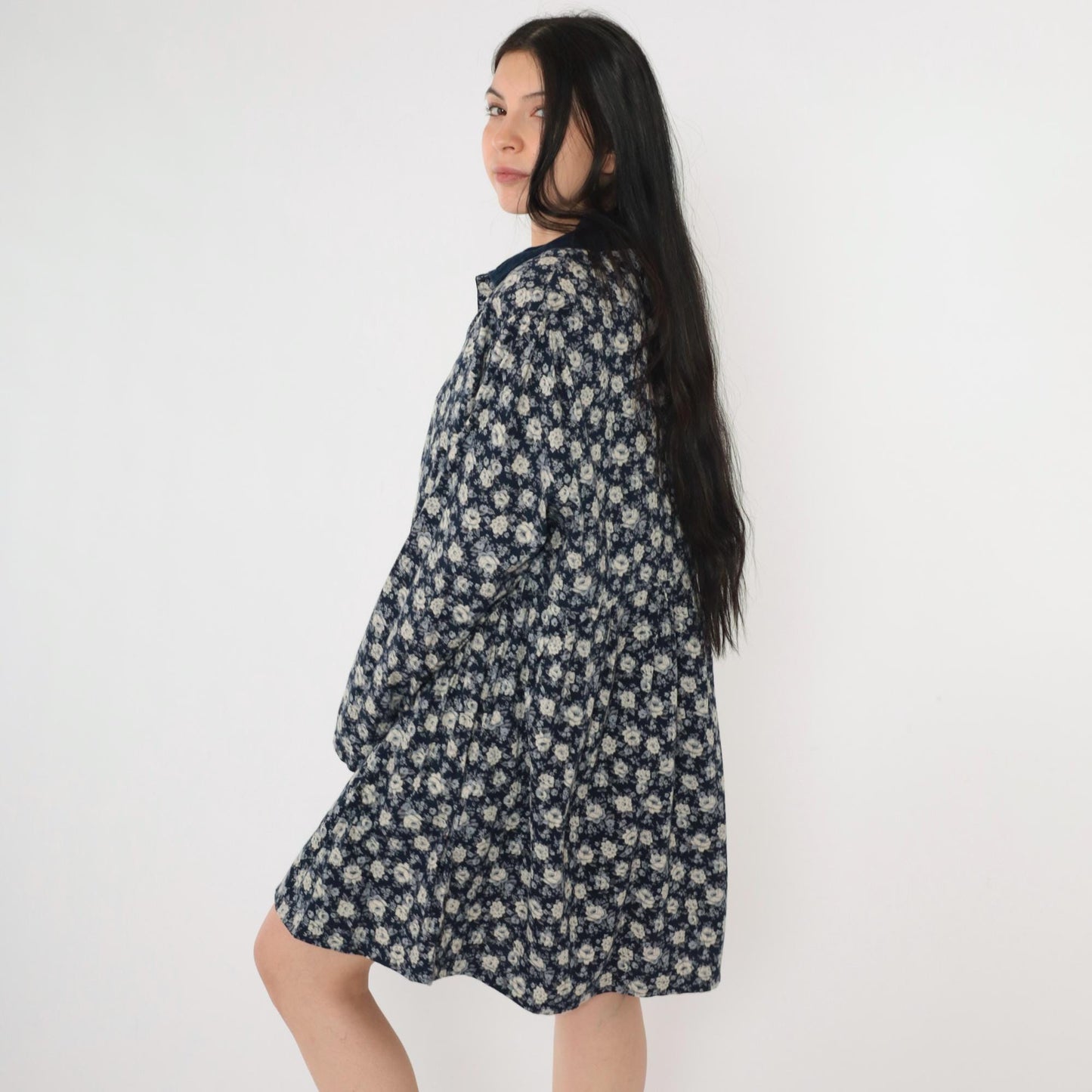 90s Navy Floral Button-Up Dress Corduroy Collar Long Sleeve Mini Extra Large